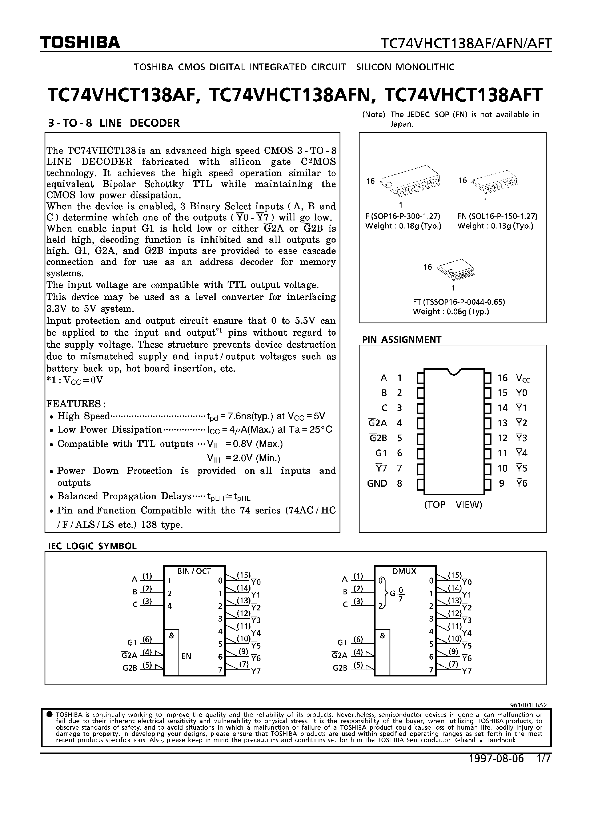 Даташит TC74VHCT138AF - 3-TO-8 LINE DECODER страница 1