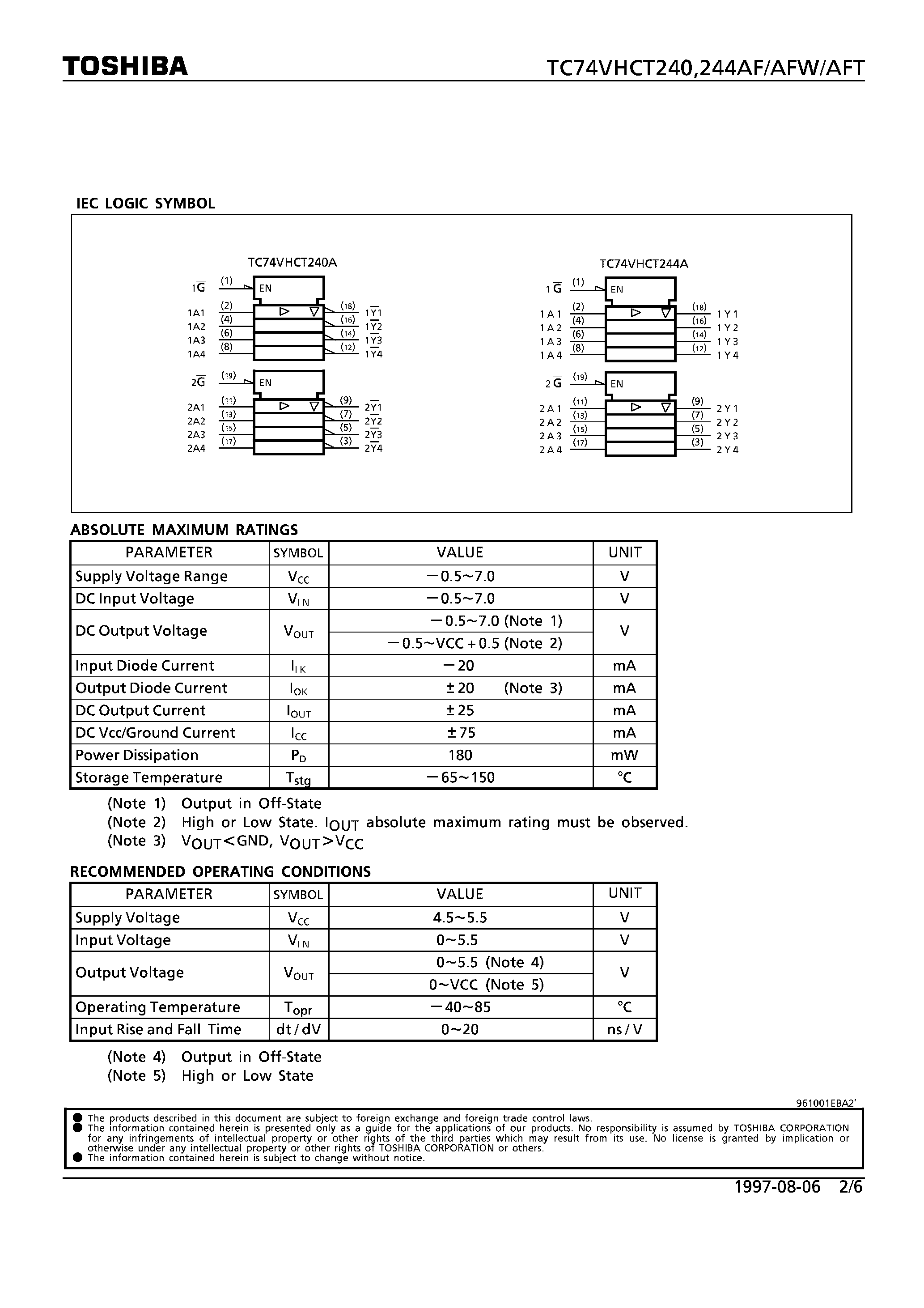 Datasheet TC74VHCT240AFW page 2 Datasheet TC74VHCT240AFW - OCTAL BUS BUFFER INVERTED/NON-INVERTED/ 3-STATE OUTPUTS page 2