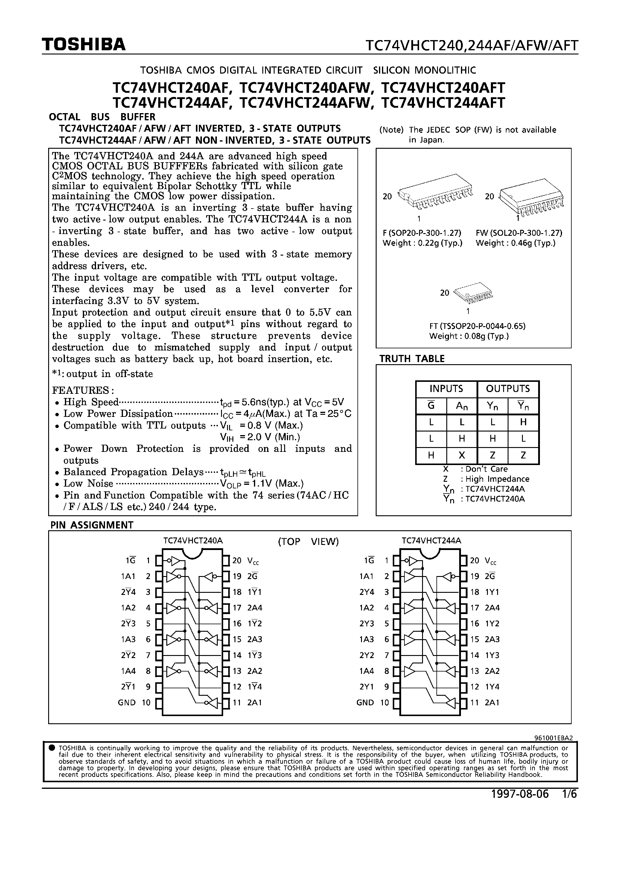 Datasheet TC74VHCT244AF - OCTAL BUS BUFFER INVERTED/NON-INVERTED/ 3-STATE OUTPUTS page 1