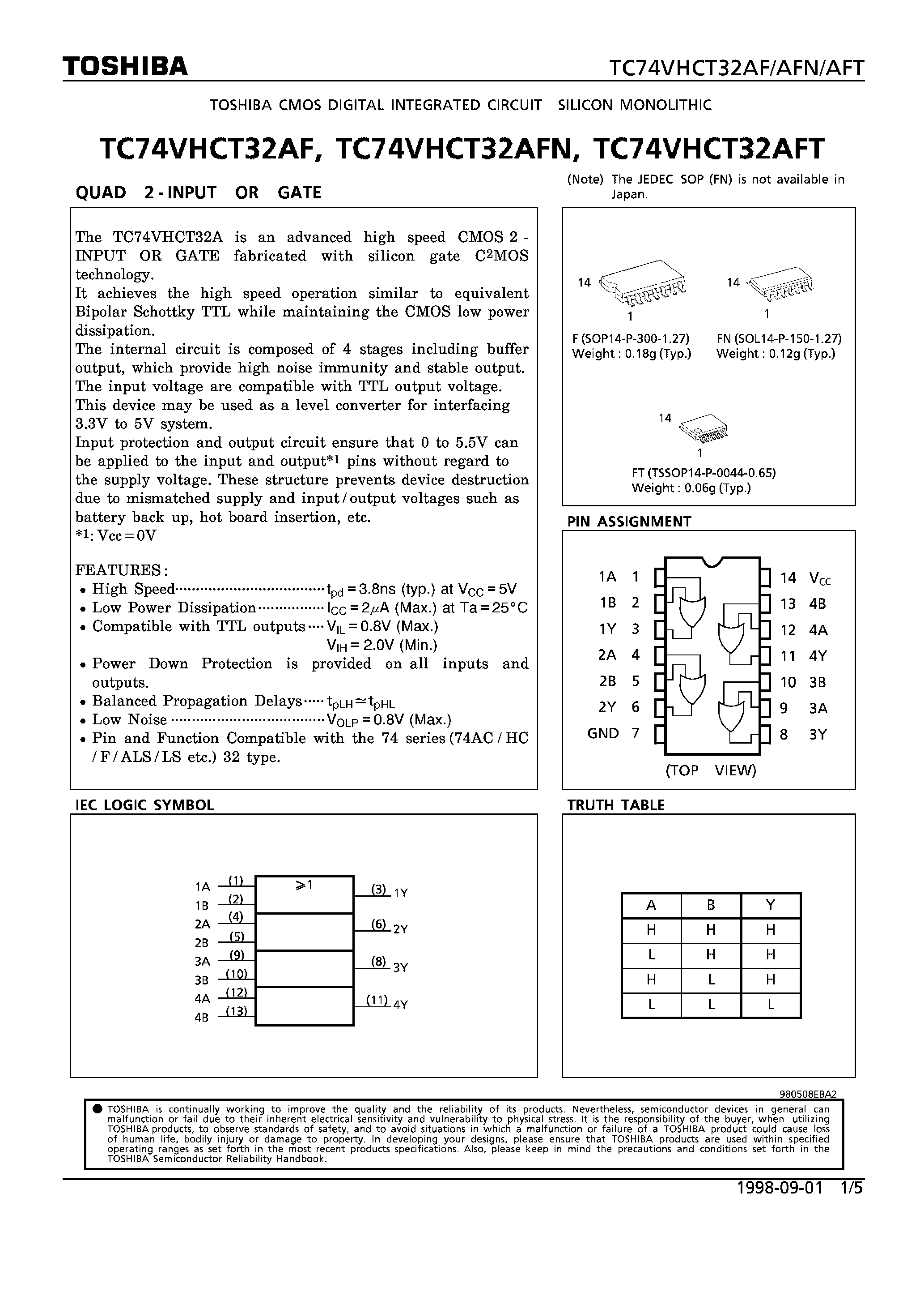 Datasheet TC74VHCT32AFN - QUAD 2-INPUT OR GATE page 1