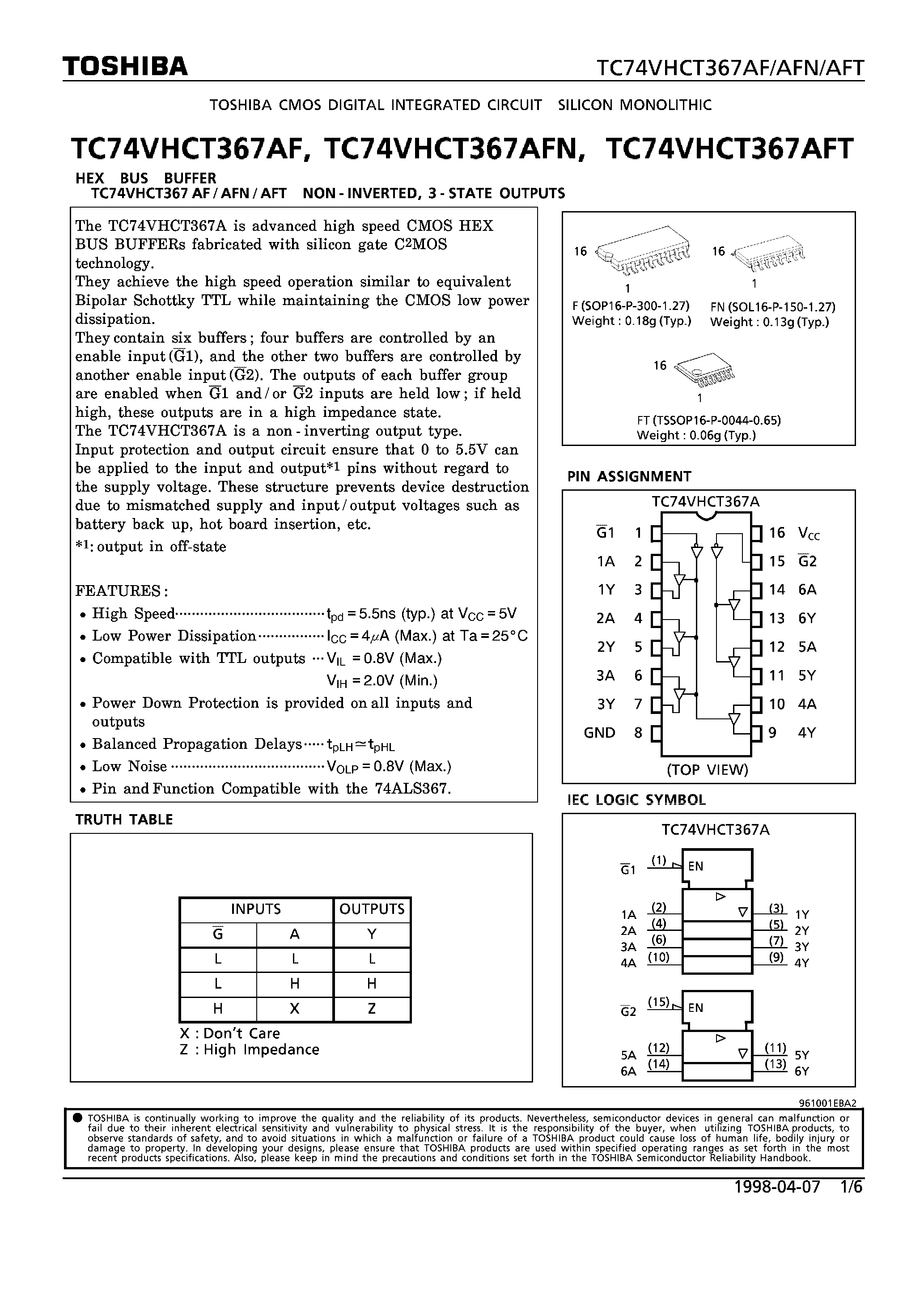 Datasheet TC74VHCT367AF - HEX BUS BUFFER. NON-INVERTED/ 3-STATE OUTPUTS page 1