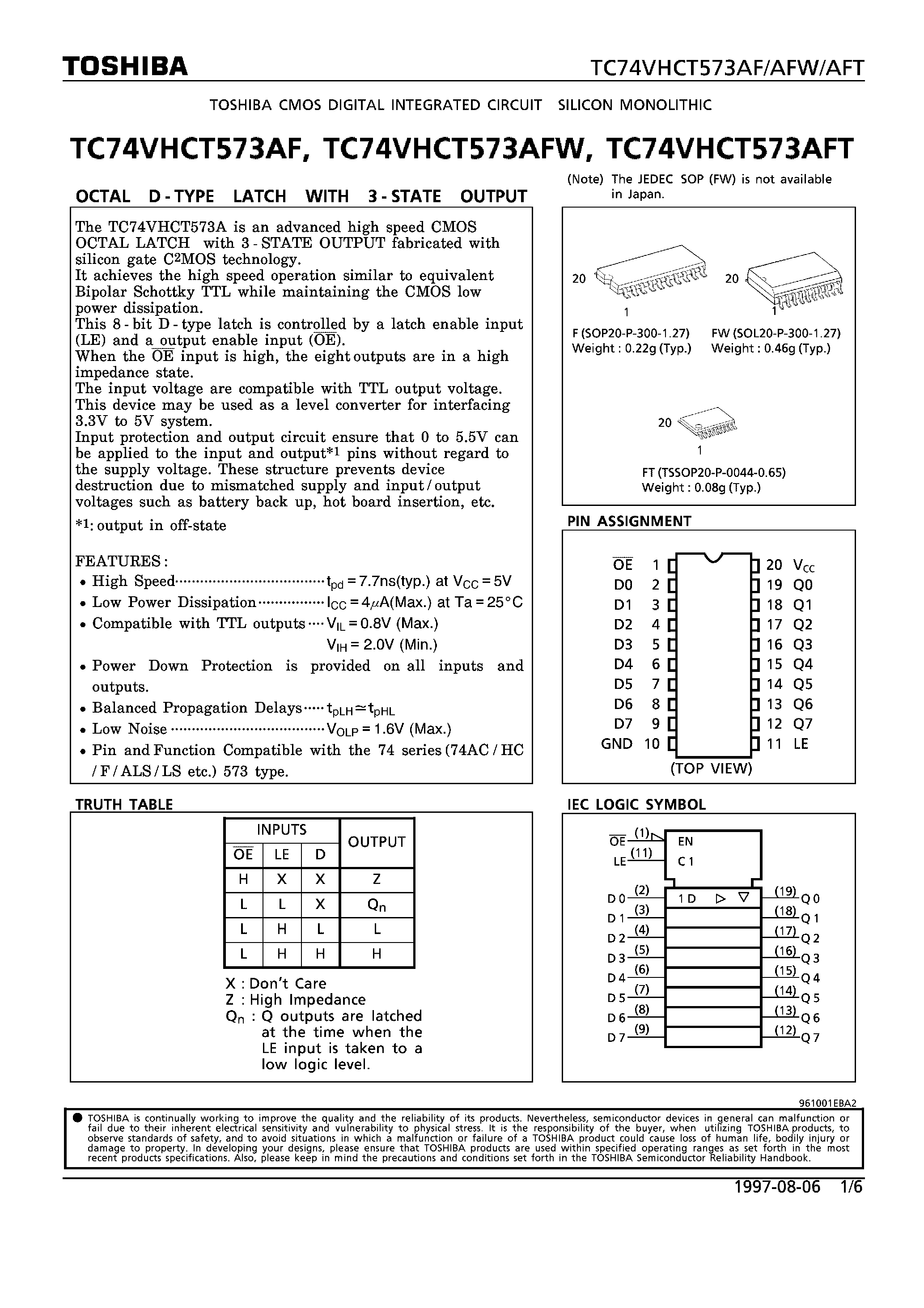 Даташит на микросхему TC74VHCT573AFW страница 1 Даташит TC74VHCT573AFW - OCTAL D-TYPE LATCH WITH 3-STATE OUTPUT страница 1