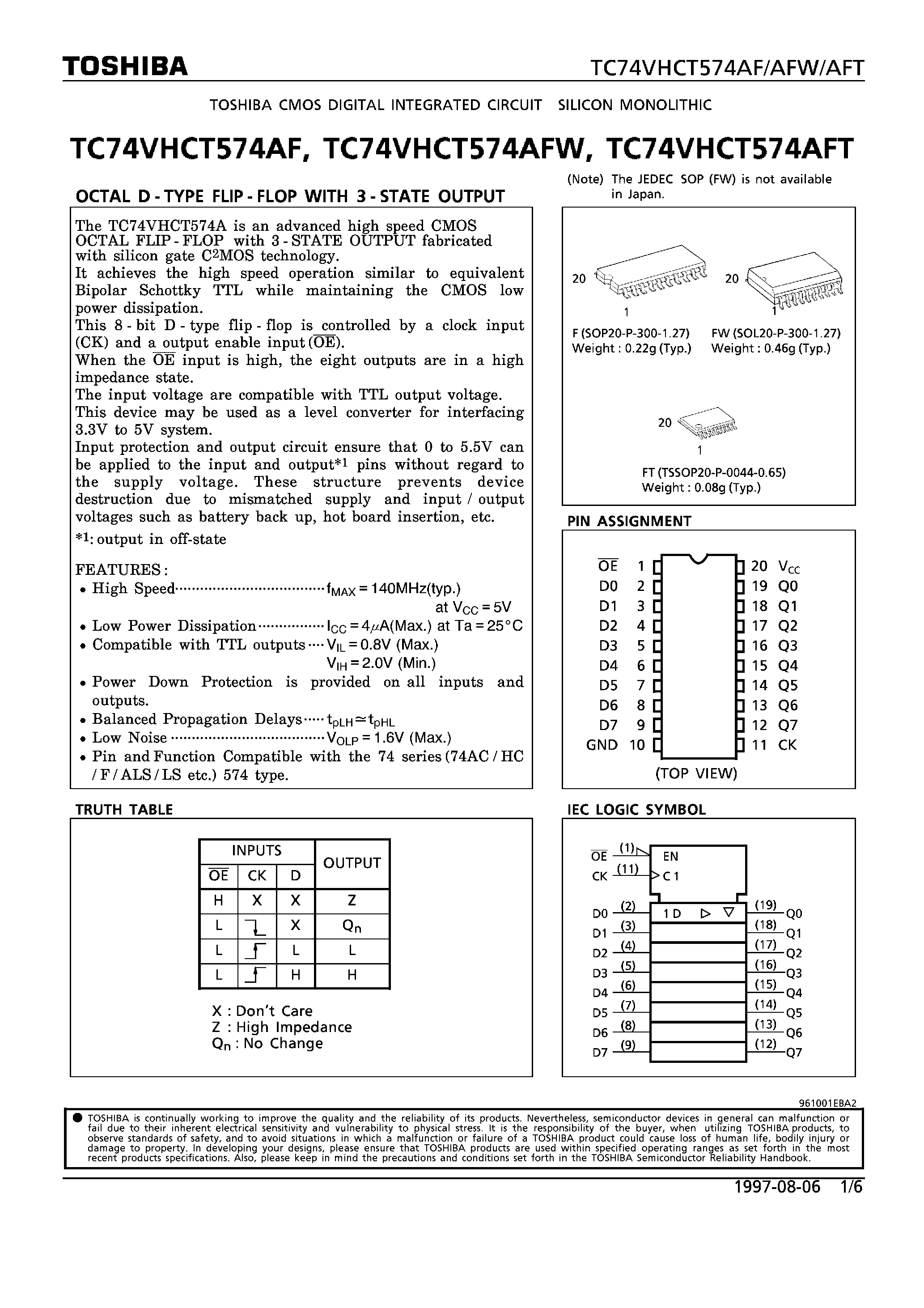 Datasheet TC74VHCT574AF page 1 Datasheet TC74VHCT574AF - OCTAL D-TYPE FLIP-FLOP WITH 3-STATE OUTPUT page 1