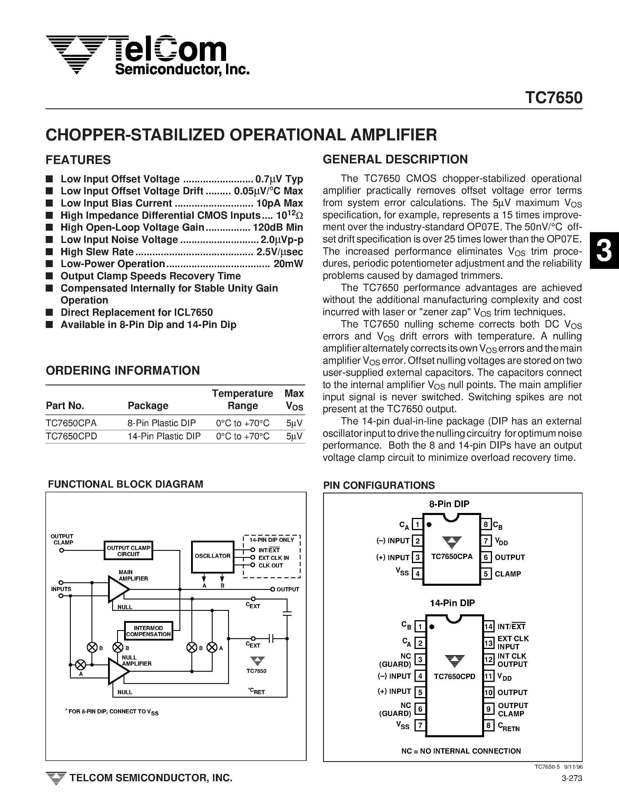 Datasheet TC7650 - CHOPPER-STABILIZED OPERATIONAL AMPLIFIER page 1