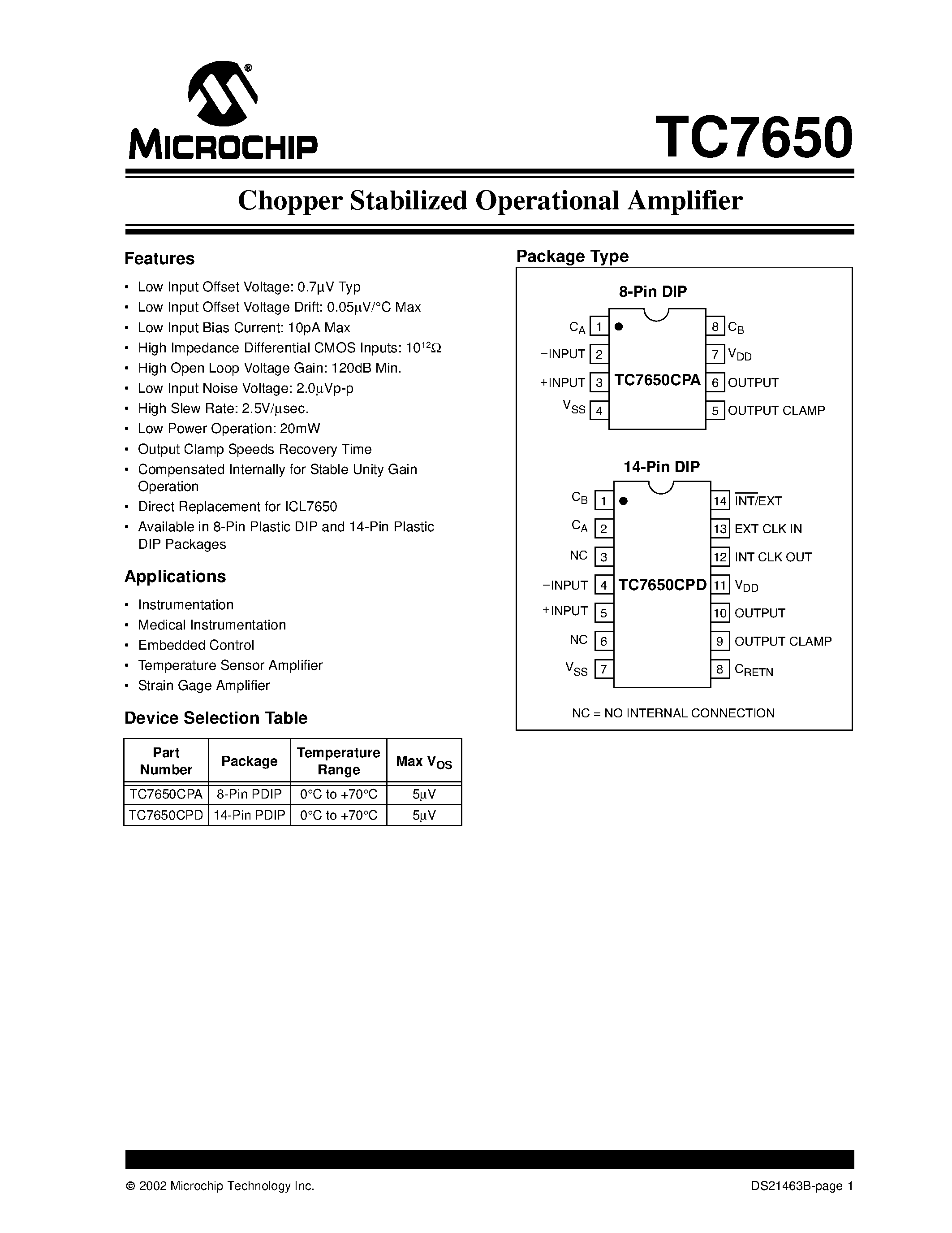 Datasheet TC7650 - Chopper Stabilized Operational Amplifier page 1