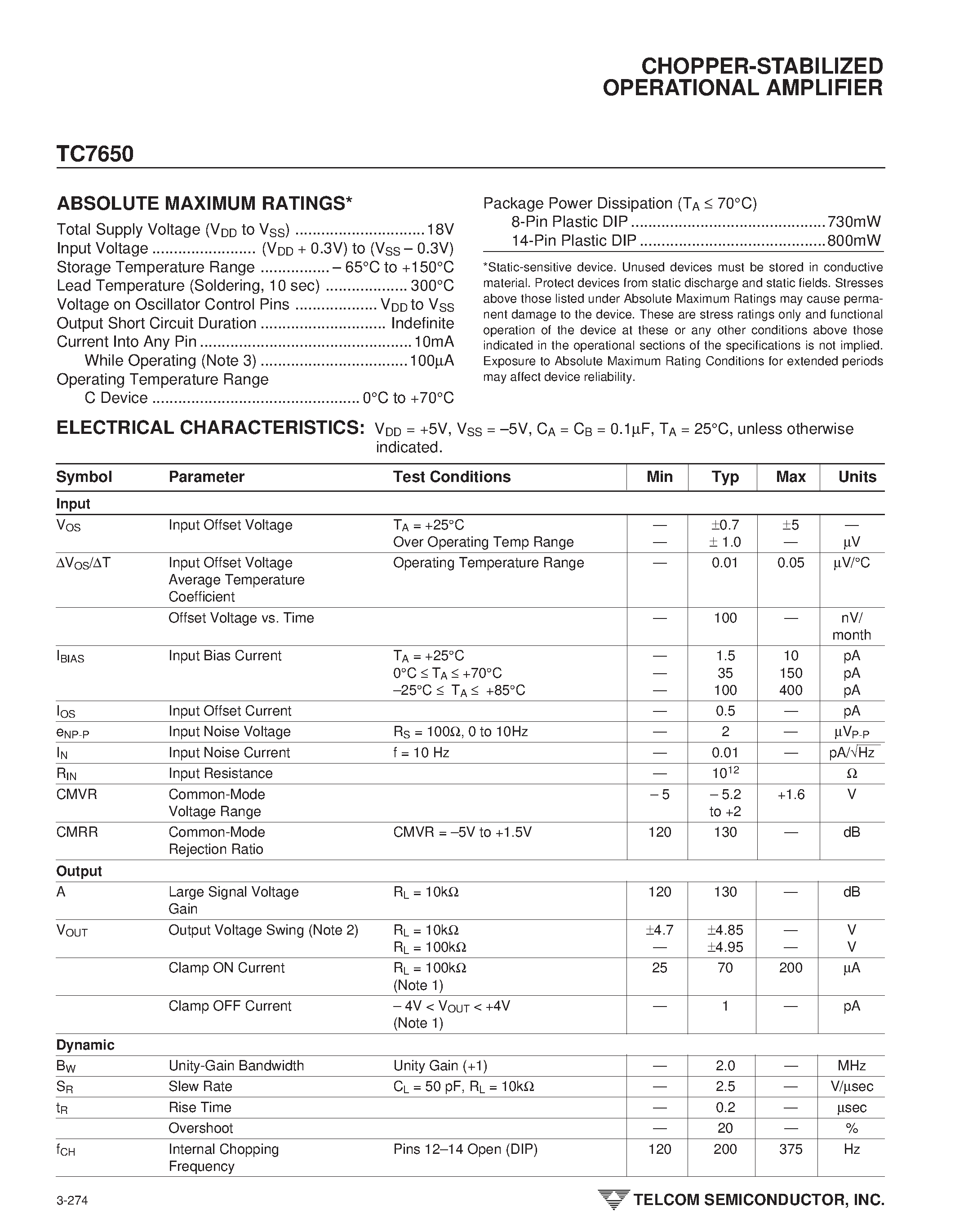 Datasheet TC7650CPA - CHOPPER-STABILIZED OPERATIONAL AMPLIFIER page 2