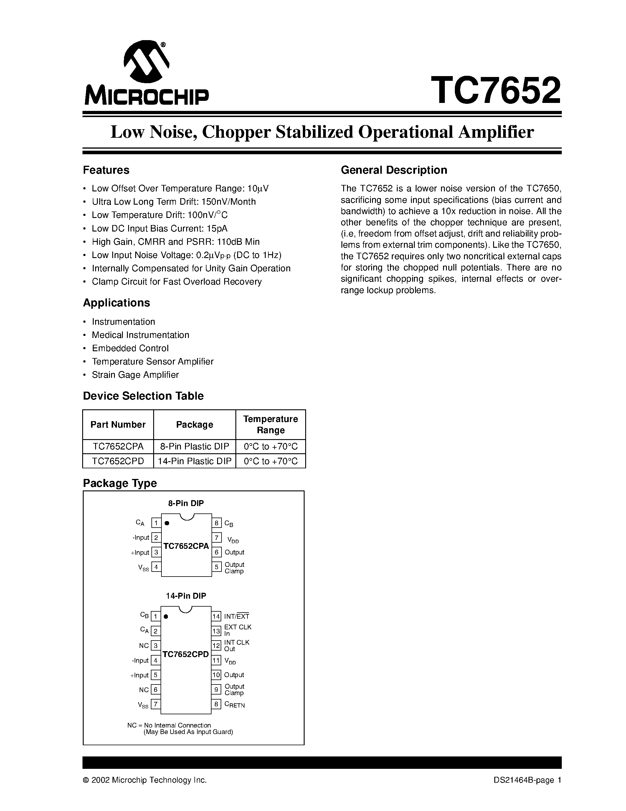 Datasheet TC7652 - Low Noise/ Chopper Stabilized Operational Amplifier page 1