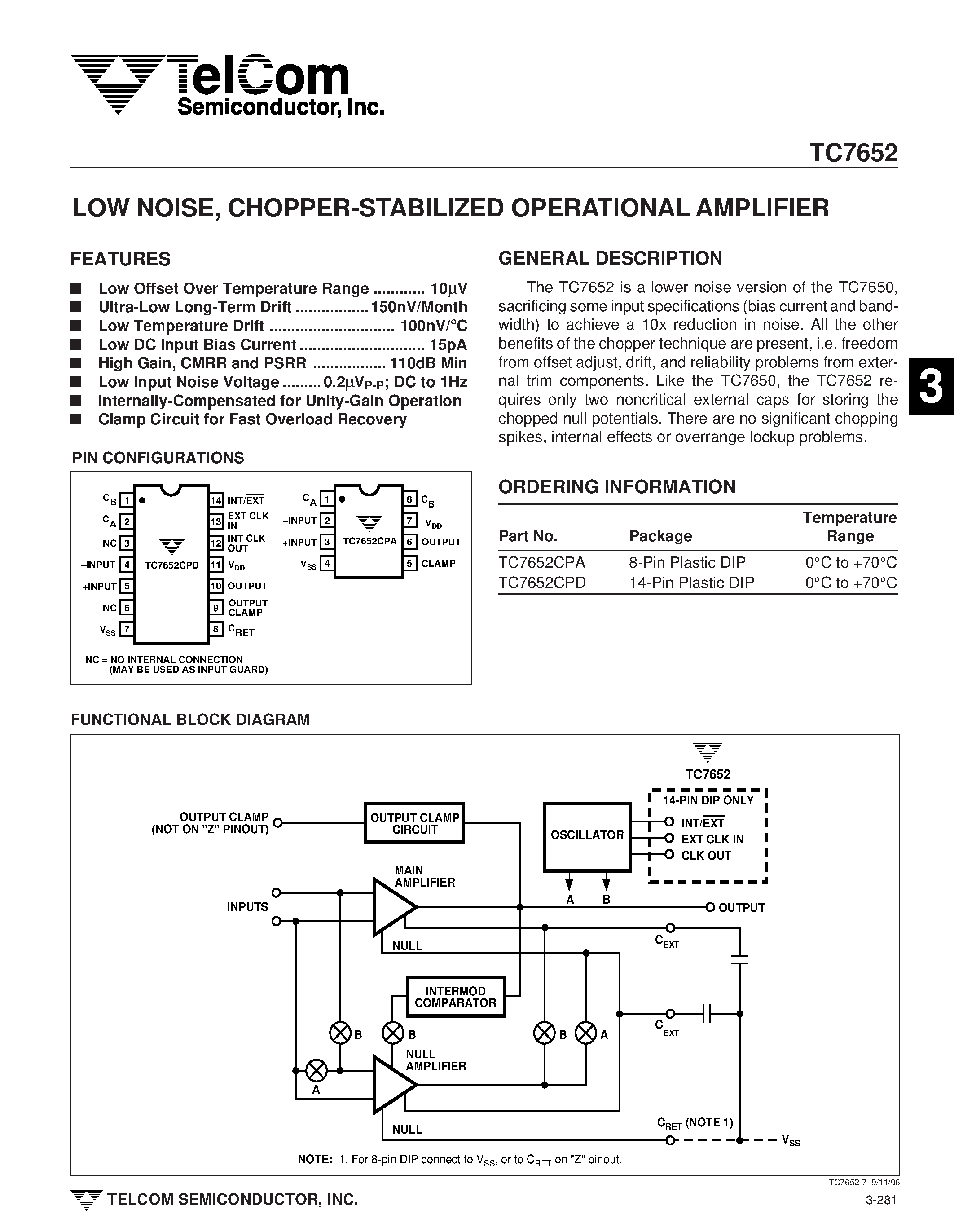 Datasheet TC7652CPA - LOW NOISE/ CHOPPER-STABILIZED OPERATIONAL AMPLIFIER page 1
