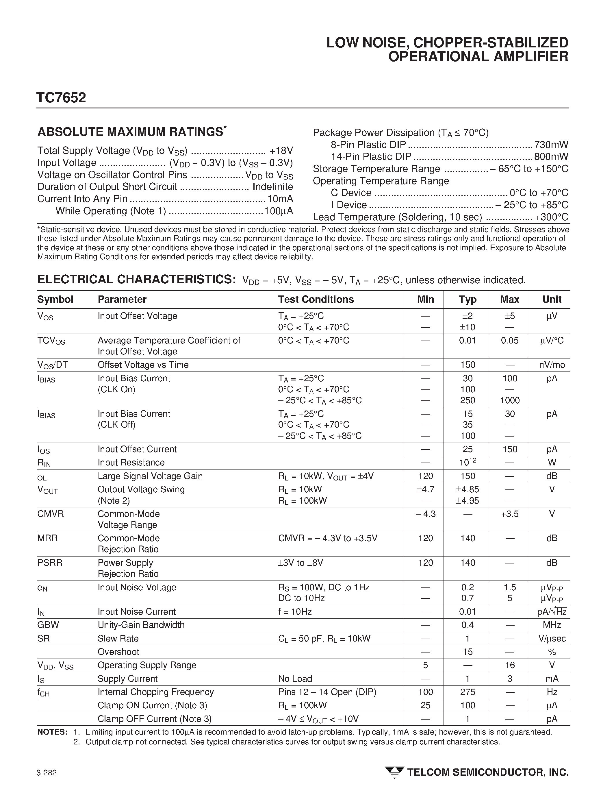 Datasheet TC7652CPA - LOW NOISE/ CHOPPER-STABILIZED OPERATIONAL AMPLIFIER page 2