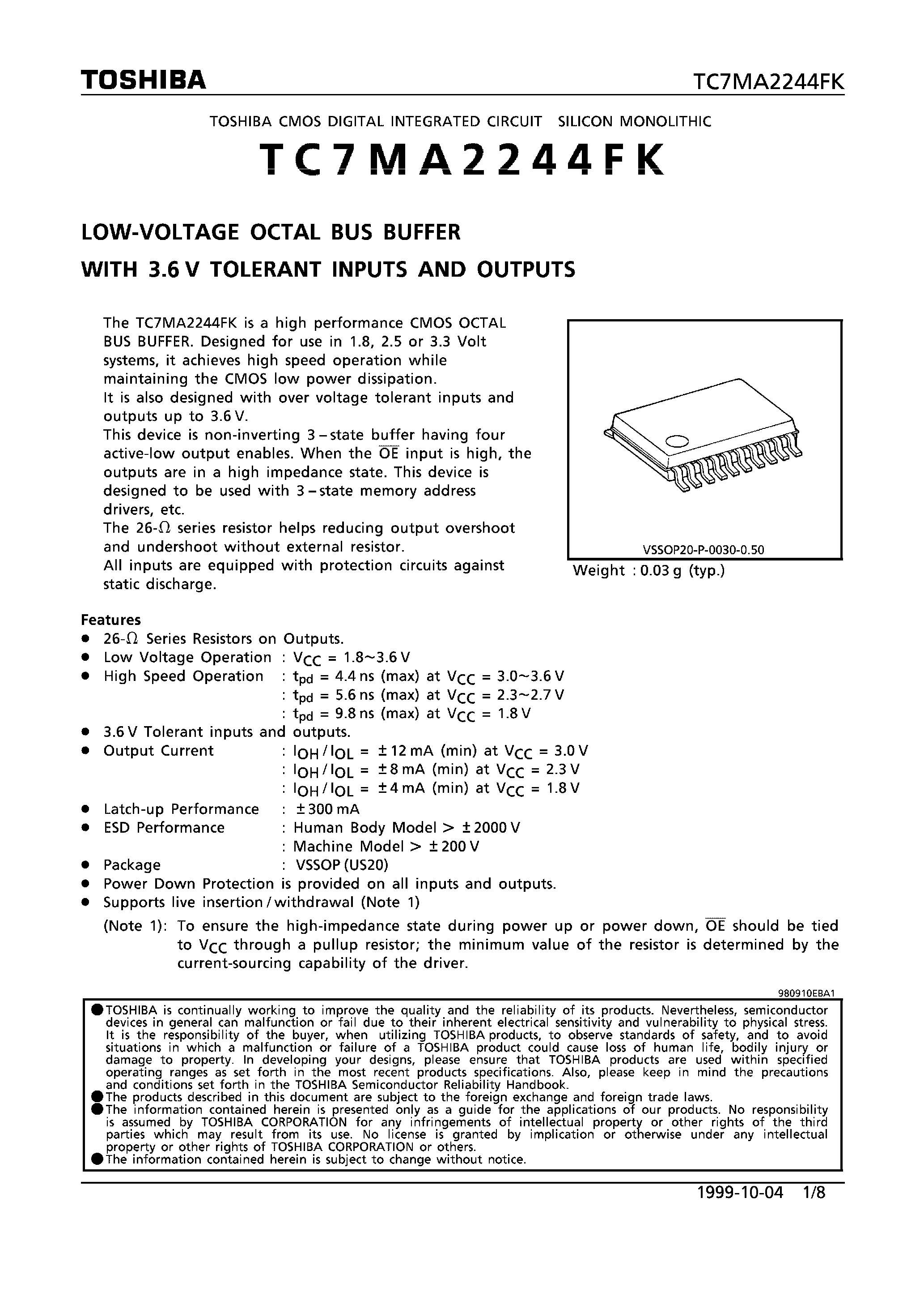 Datasheet TC7MA2244FK - LOW-VOLTAGE OCTAL BUS BUFFER WITH 3.6V TOLERANT INPUTS AND OUTPUTS page 1