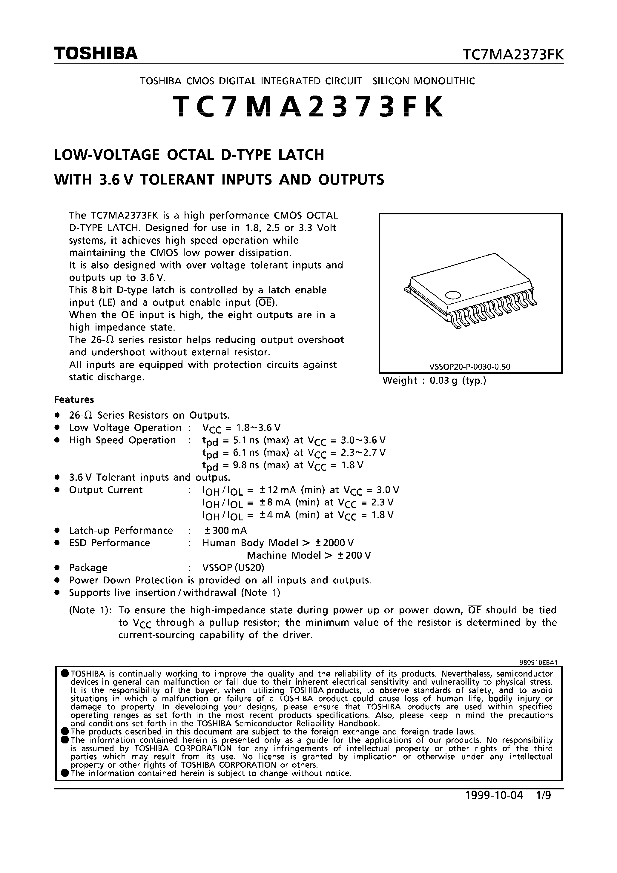 Datasheet TC7MA2373FK - LOW-VOLTAGE OCTAL D-TYPE LATCH WITH 3.6V TOLERANT INPUTS AND OUTPUTS page 1
