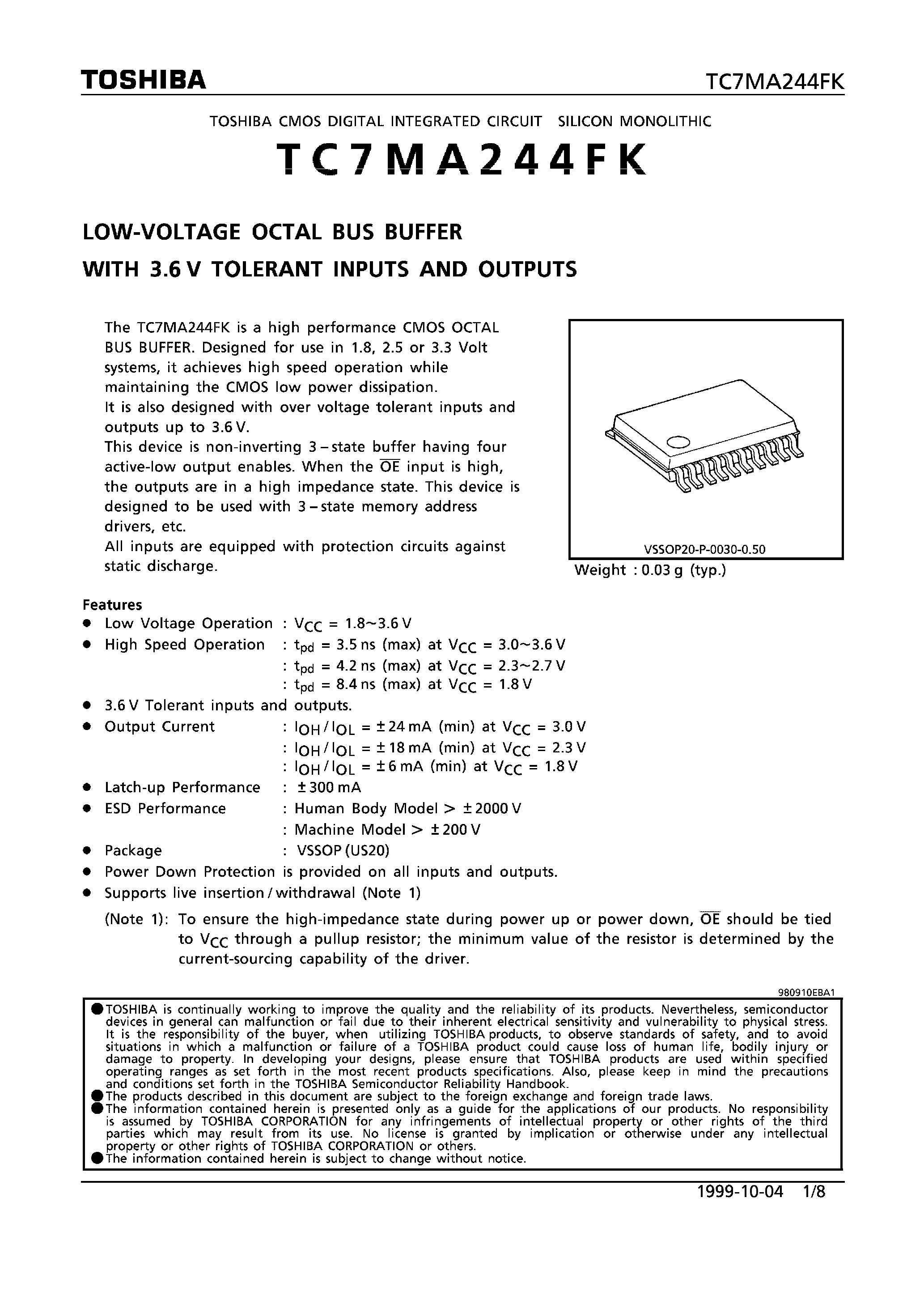 Datasheet TC7MA244FK - LOW-VOLTAGE OCTAL BUS BUFFER WITH 3.6V TOLERANT INPUTS AND OUTPUTS page 1