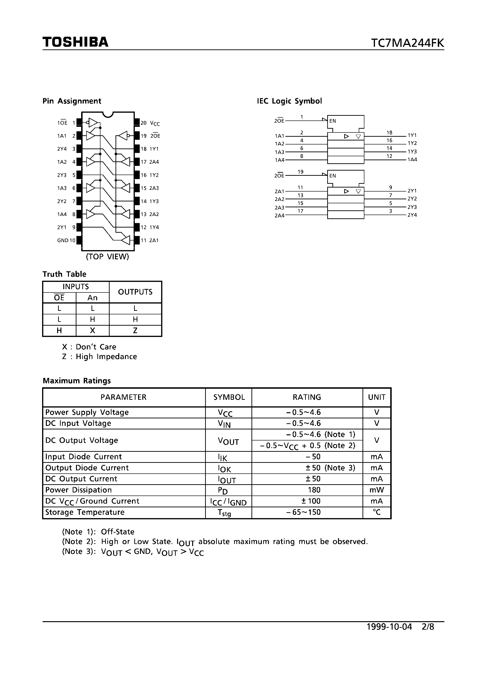 Datasheet TC7MA244FK - LOW-VOLTAGE OCTAL BUS BUFFER WITH 3.6V TOLERANT INPUTS AND OUTPUTS page 2