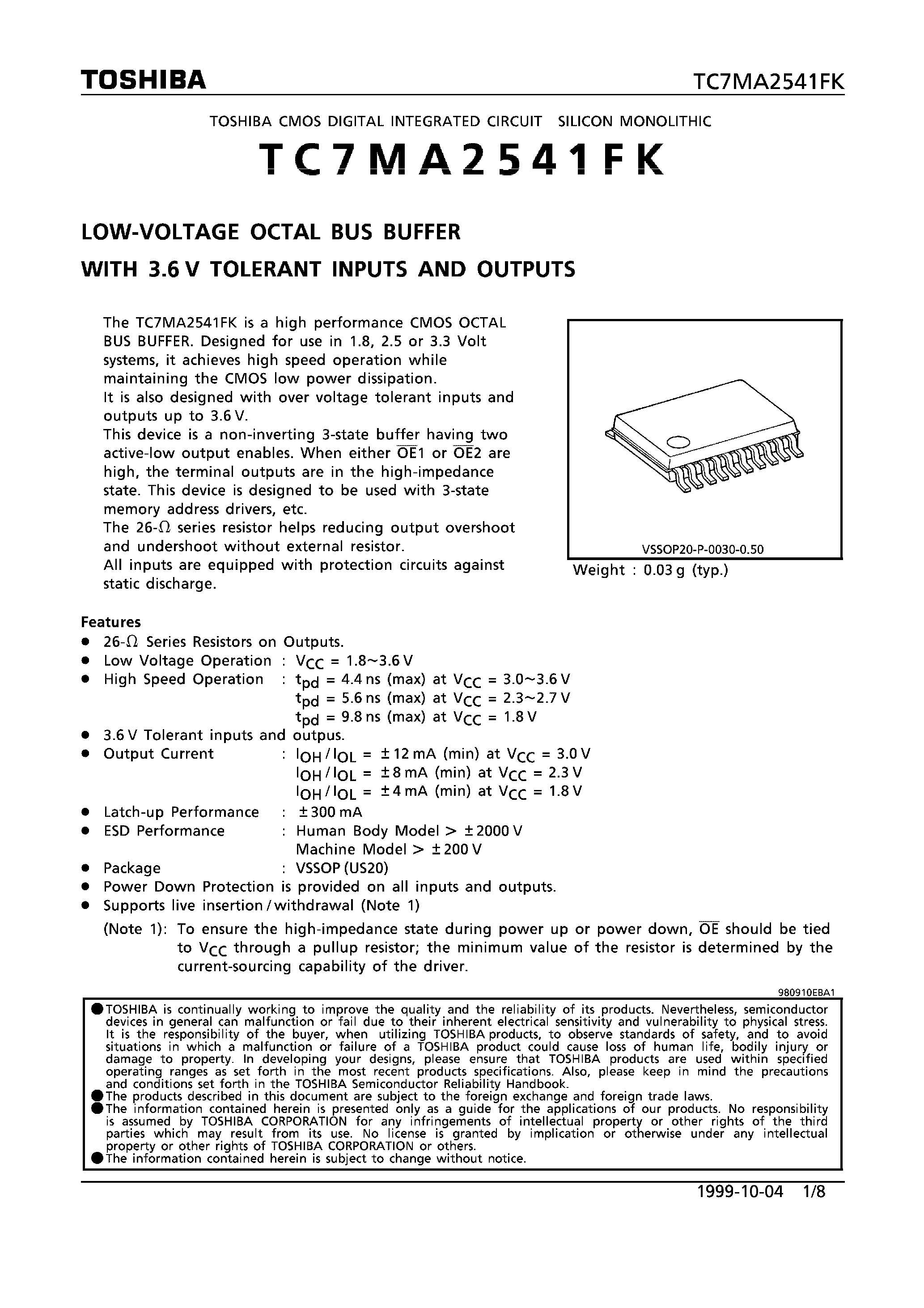 Datasheet TC7MA2541FK - LOW-VOLTAGE OCTAL BUS BUFFER WITH 3.6V TOLERANT INPUTS AND OUTPUTS page 1
