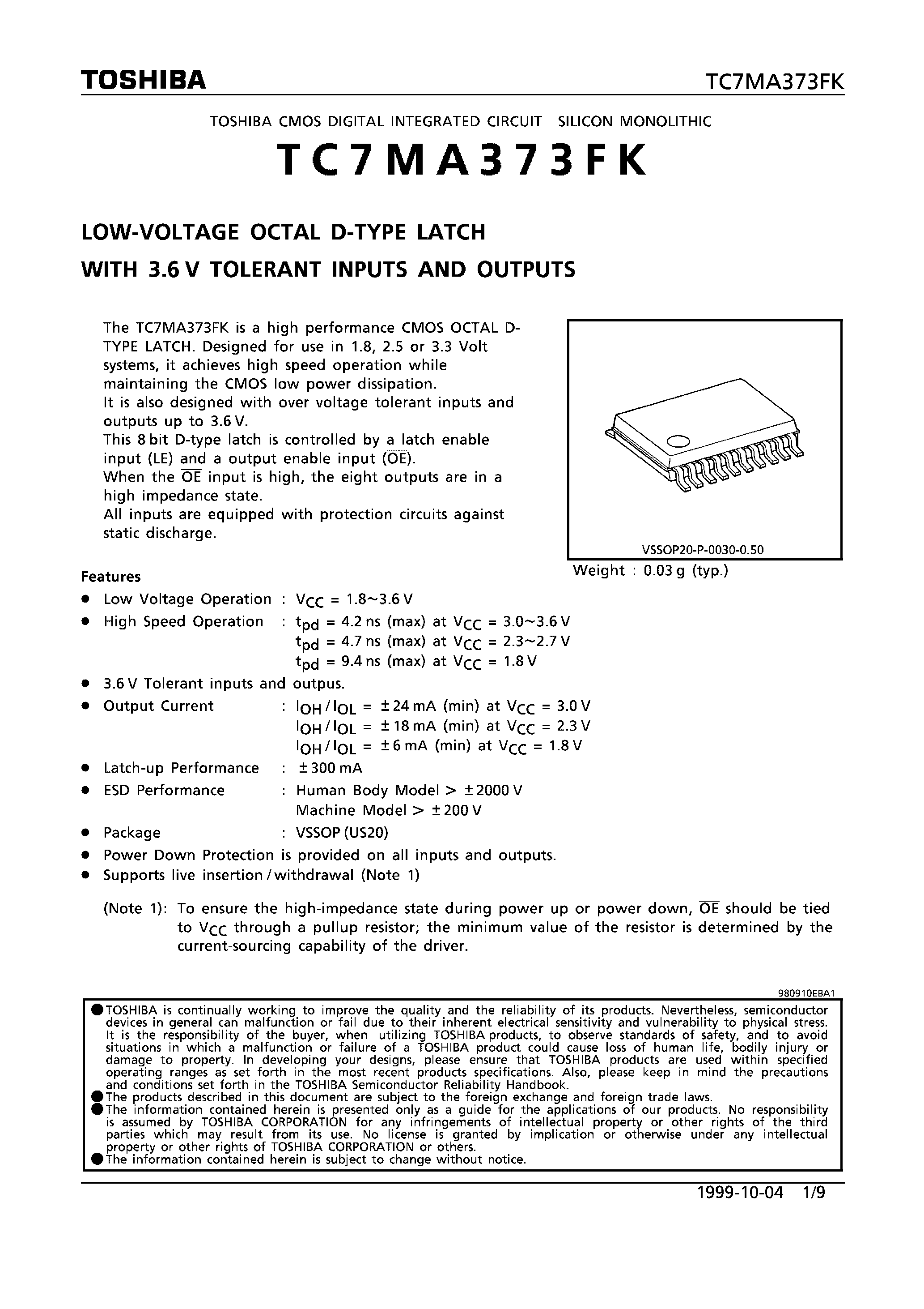 Даташит на микросхему TC7MA373FK страница 1 Даташит TC7MA373FK - LOW-VOLTAGE OCTAL D-TYPE LATCH WITH 3.6V TOLERANT INPUTS AND OUTPUTS страница 1