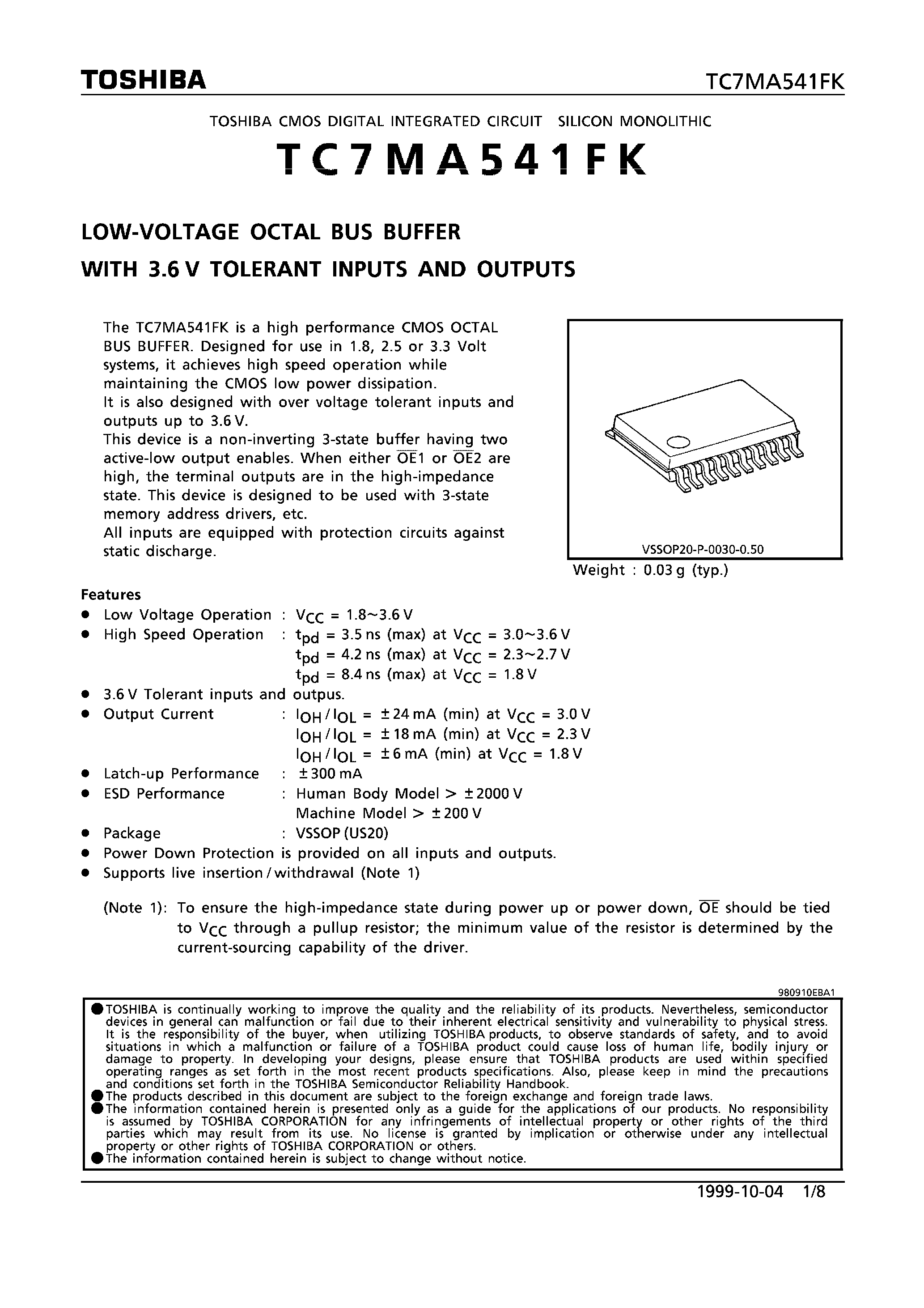 Datasheet TC7MA541FK - LOW-VOLTAGE OCTAL BUS BUFFER WITH 3.6V TOLERANT INPUTS AND OUTPUTS page 1