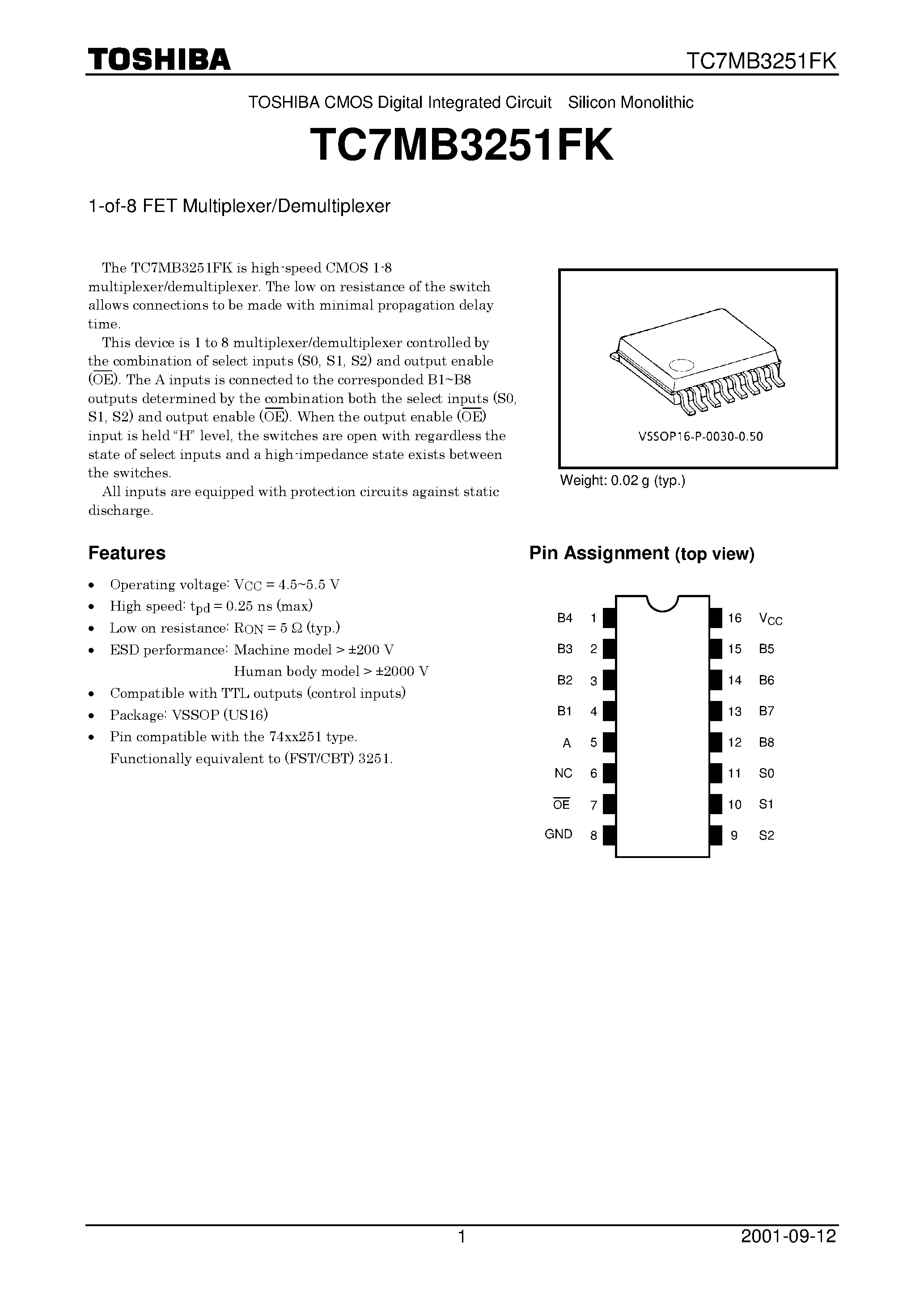 Даташит TC7MB3251FK - 1-of-8 FET Multiplexer/Demultiplexer страница 1