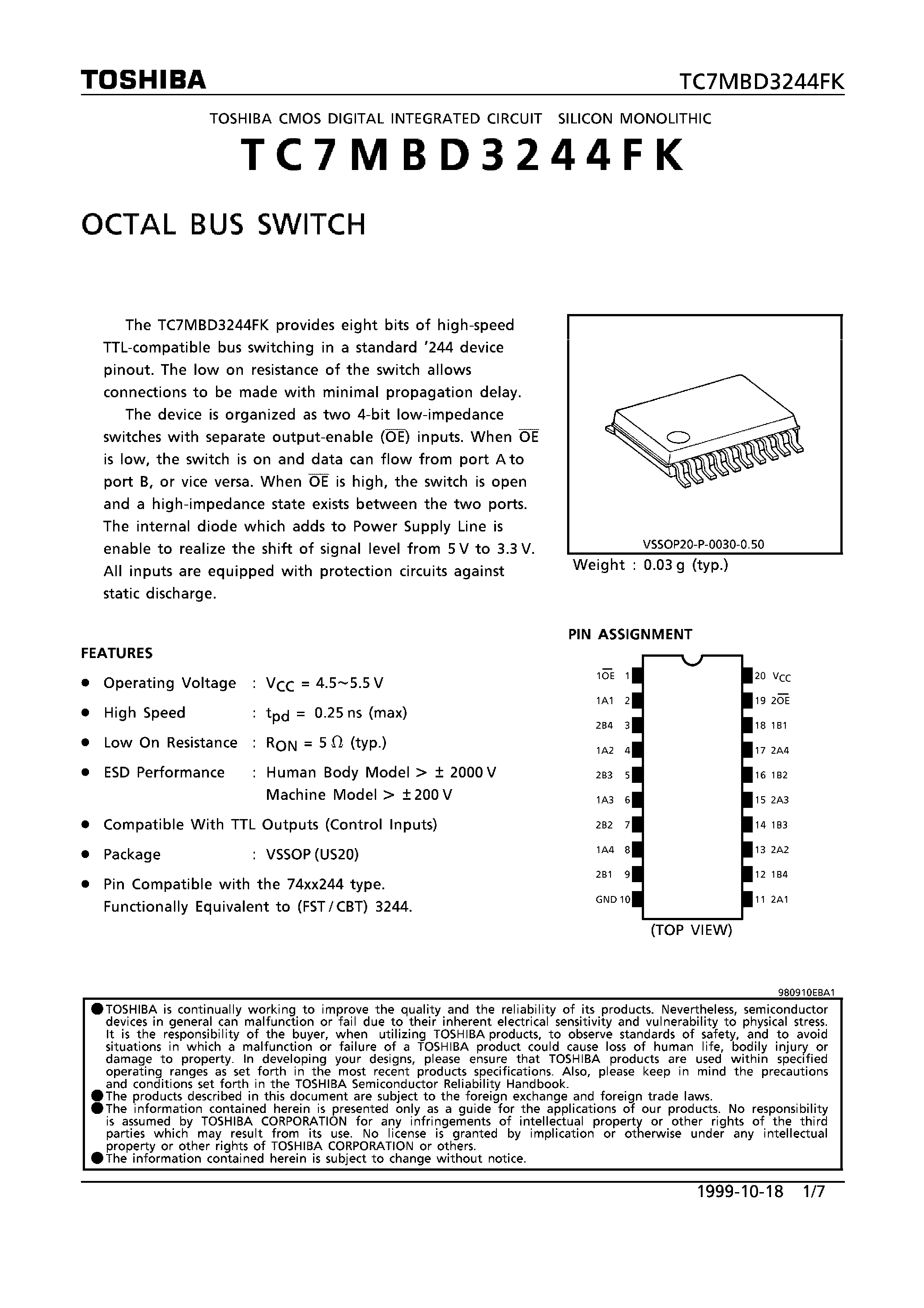 Datasheet TC7MBD3244FK page 1 Datasheet TC7MBD3244FK - OCTAL BUS SWITCH page 1
