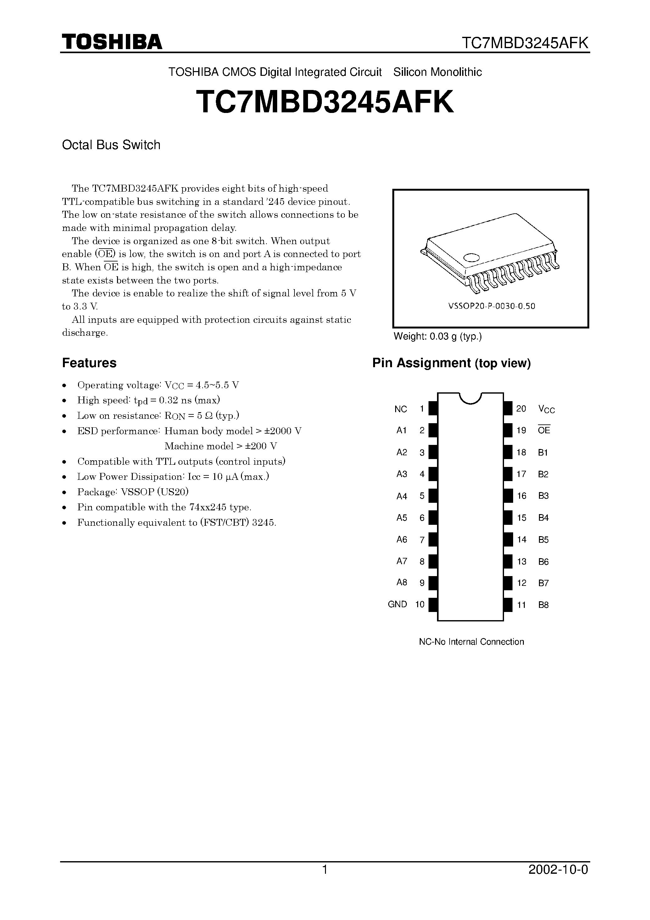 Datasheet TC7MBD3245AFK page 1 Datasheet TC7MBD3245AFK - Octal Bus Switch page 1