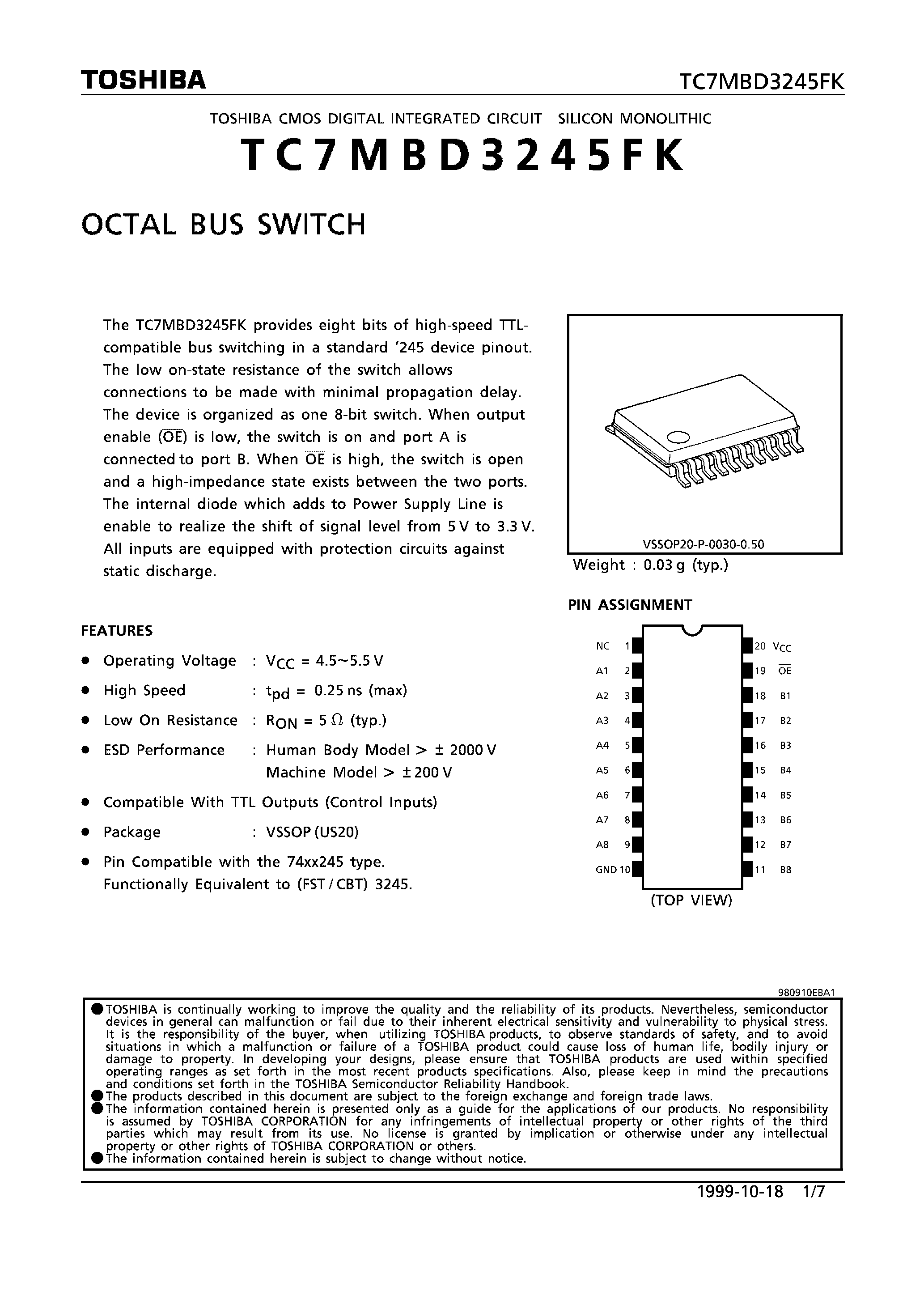 Datasheet TC7MBD3245FK page 1 Datasheet TC7MBD3245FK - OCTAL BUS SWITCH page 1