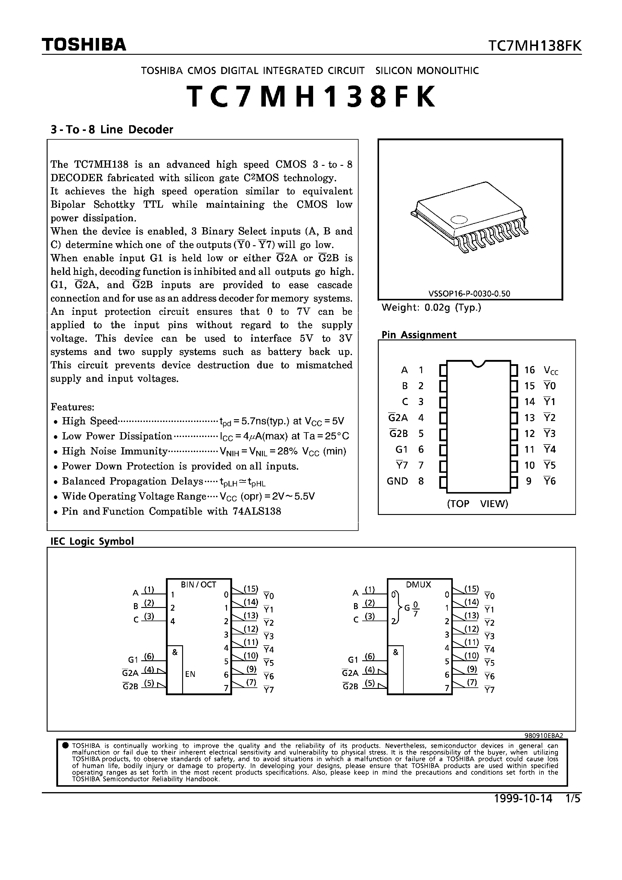 Даташит TC7MH138FK - 3-TO-8 LINE DECODER страница 1