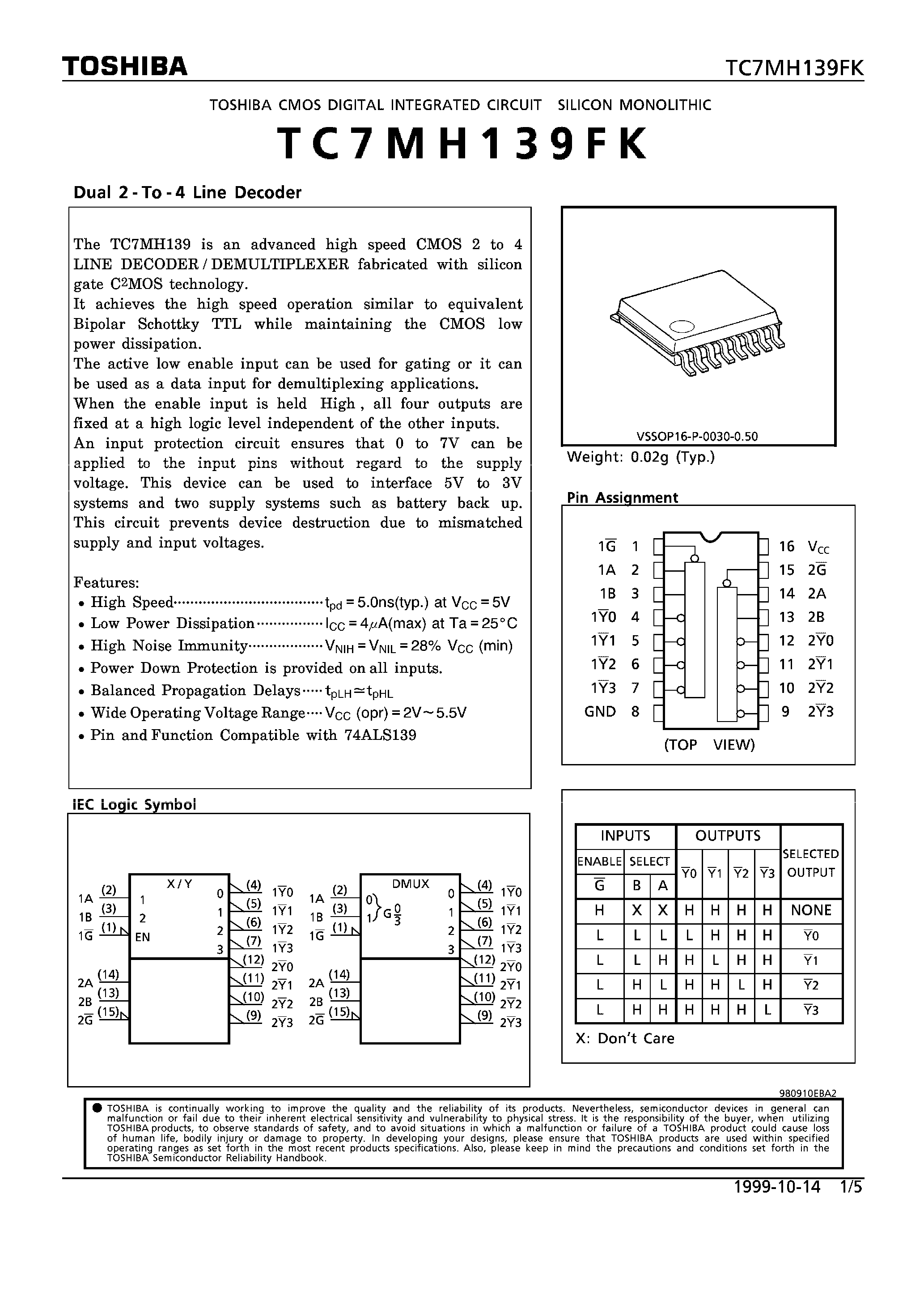 Datasheet TC7MH139FK - DUAL 2-TO-4 LINE DECODER page 1
