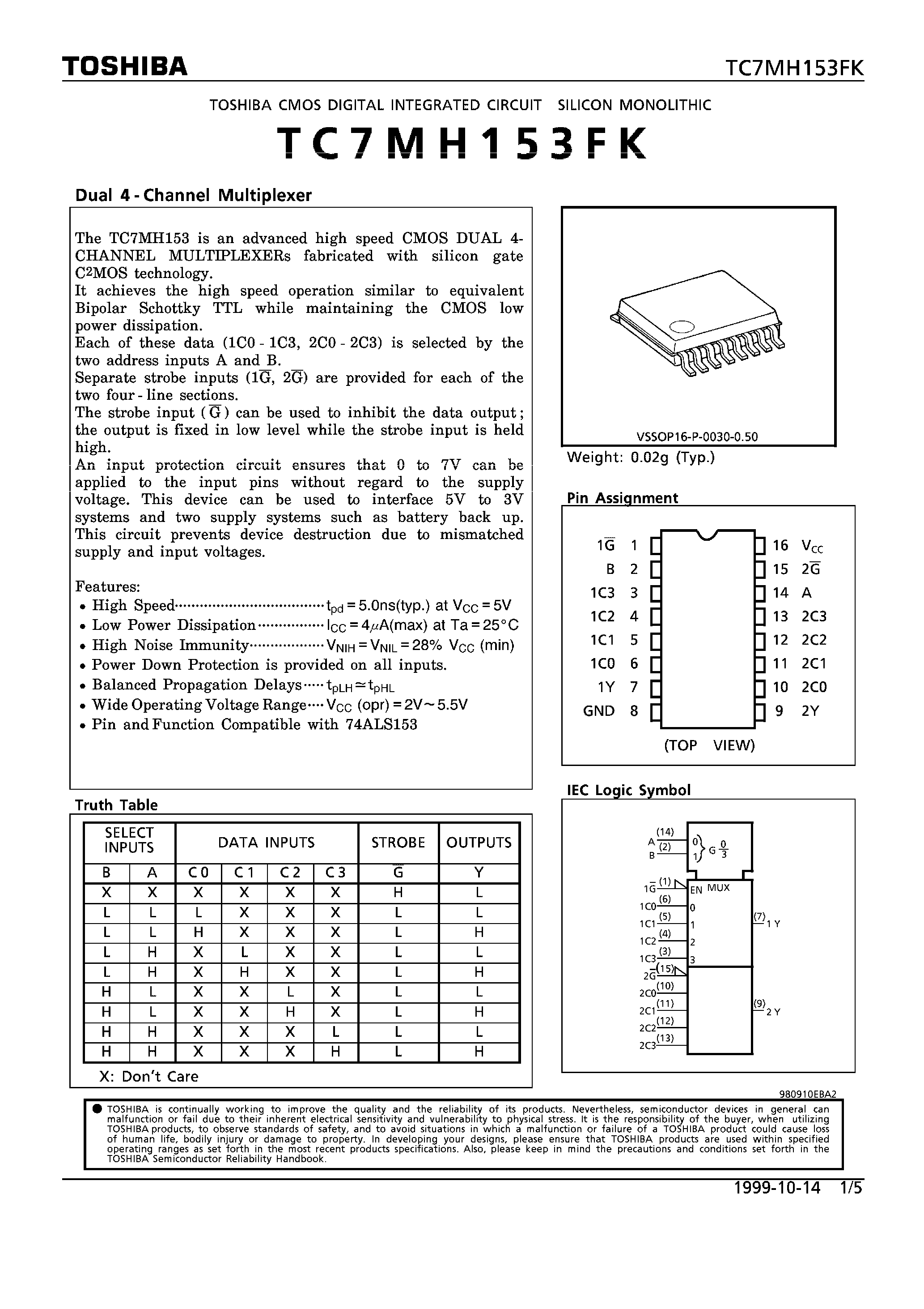 Datasheet TC7MH153FK - DUAL 4-CHANNEL MULTIPLEXER page 1