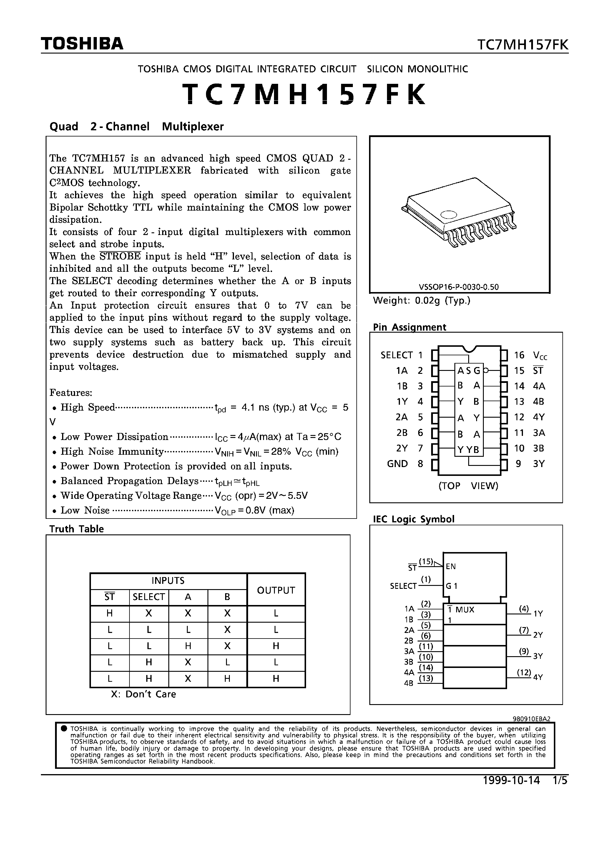 Datasheet TC7MH157FK - QUAD 2-CHANNEL MULTIPLEXER page 1