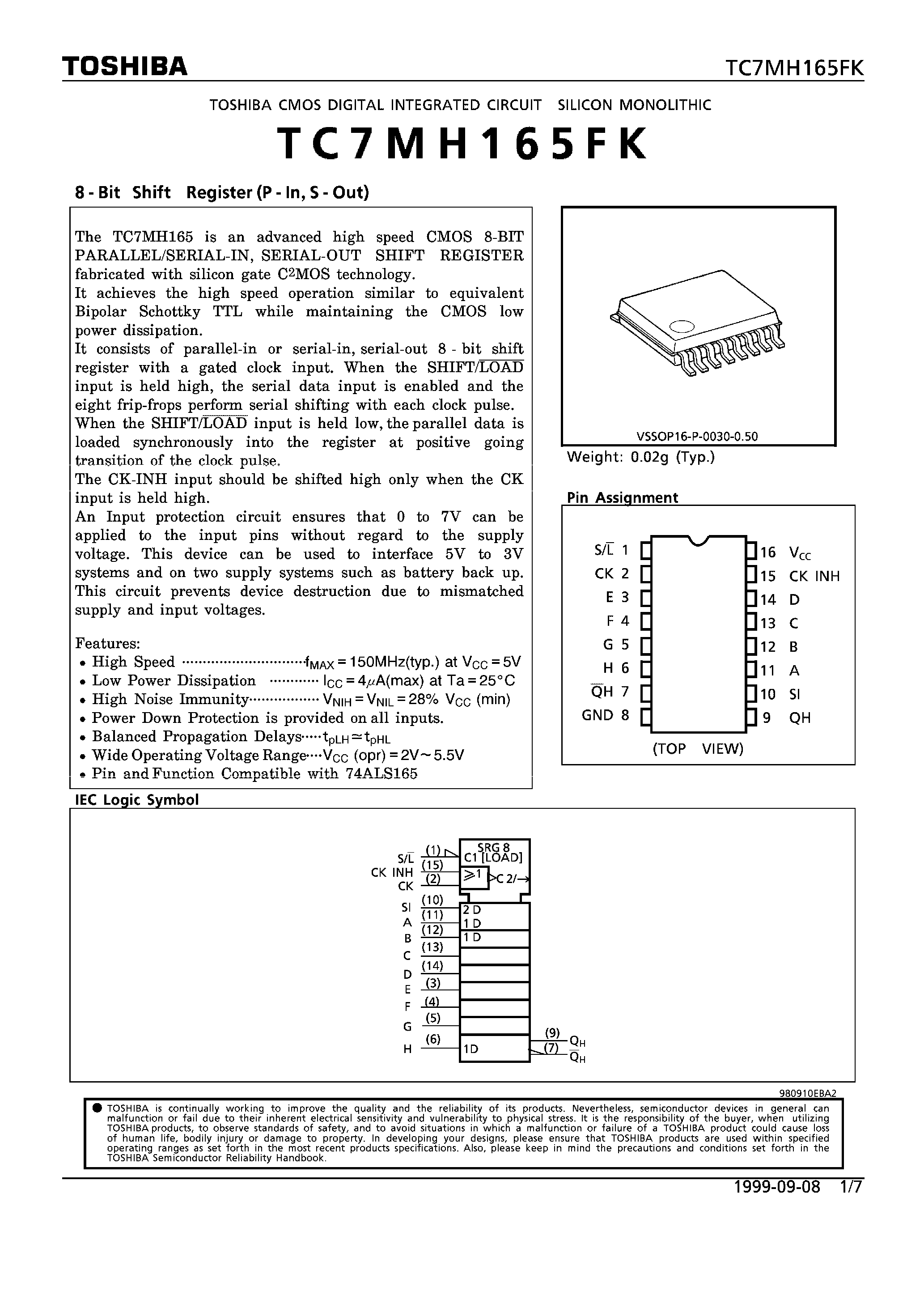 Даташит TC7MH165FK - 8-BIT SHIFT REGISTER страница 1