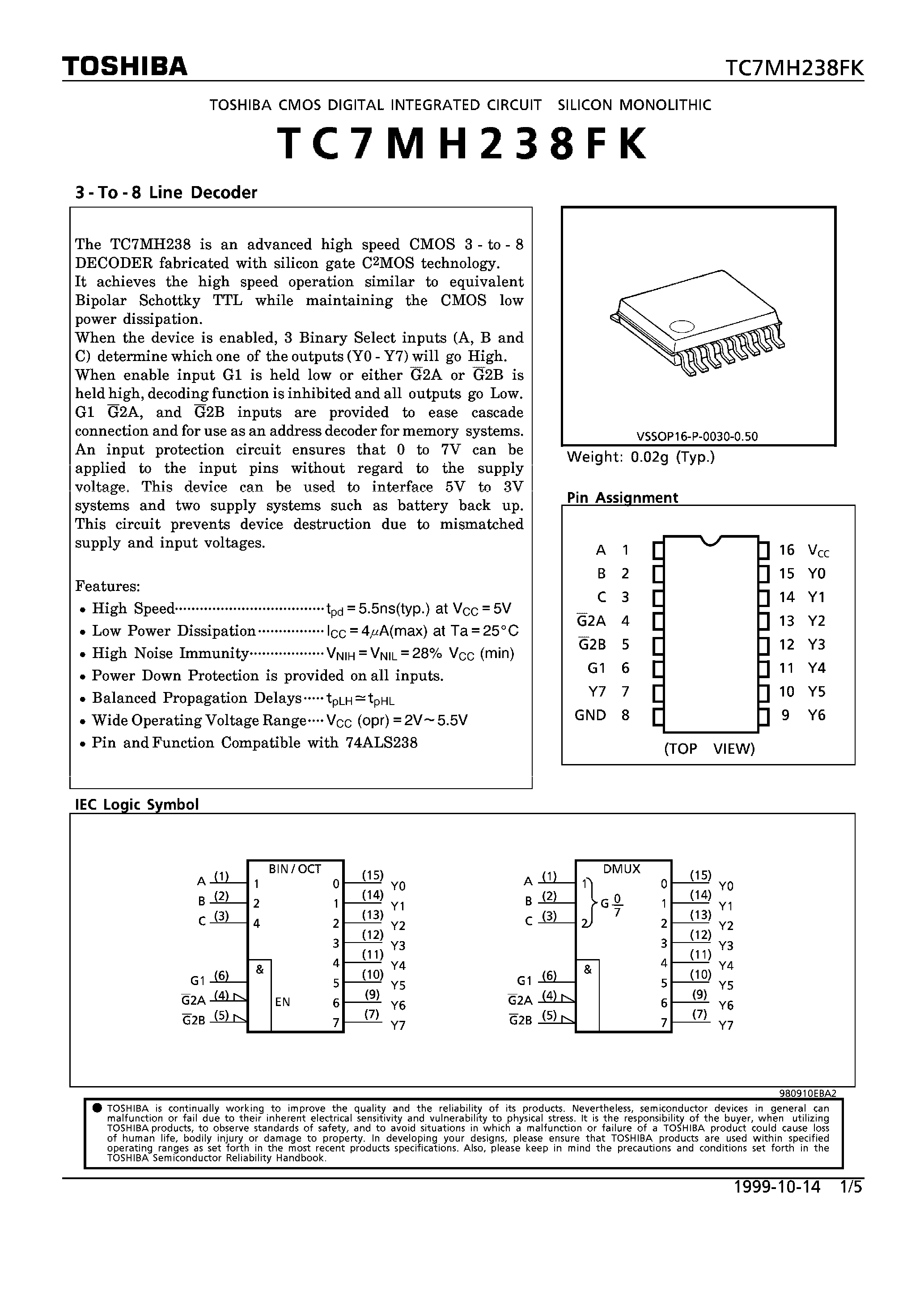 Даташит TC7MH238FK - 3-TO-8 LINE DECODER страница 1