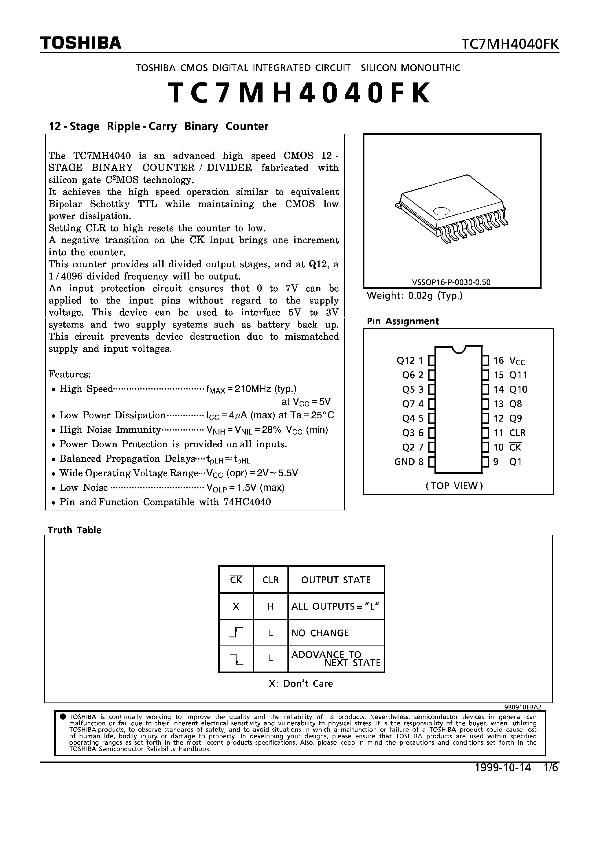 Datasheet TC7MH4040FK - 12-STAGE RIPPLE-CARRY BINARY COUNTER page 1