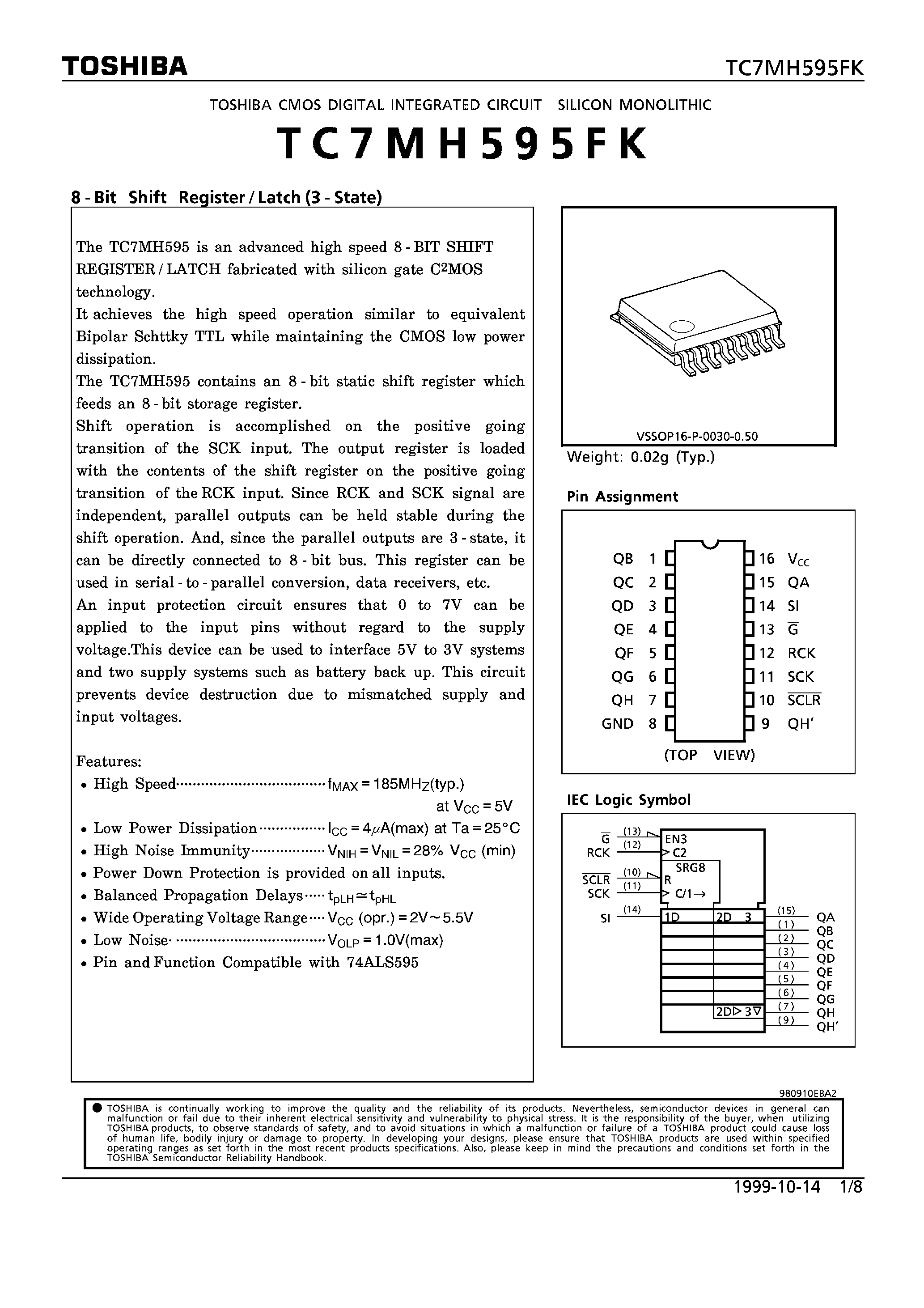 Datasheet TC7MH595FK - 8-BIT SHIFT REGISTER/LATCH(3-STATE) page 1