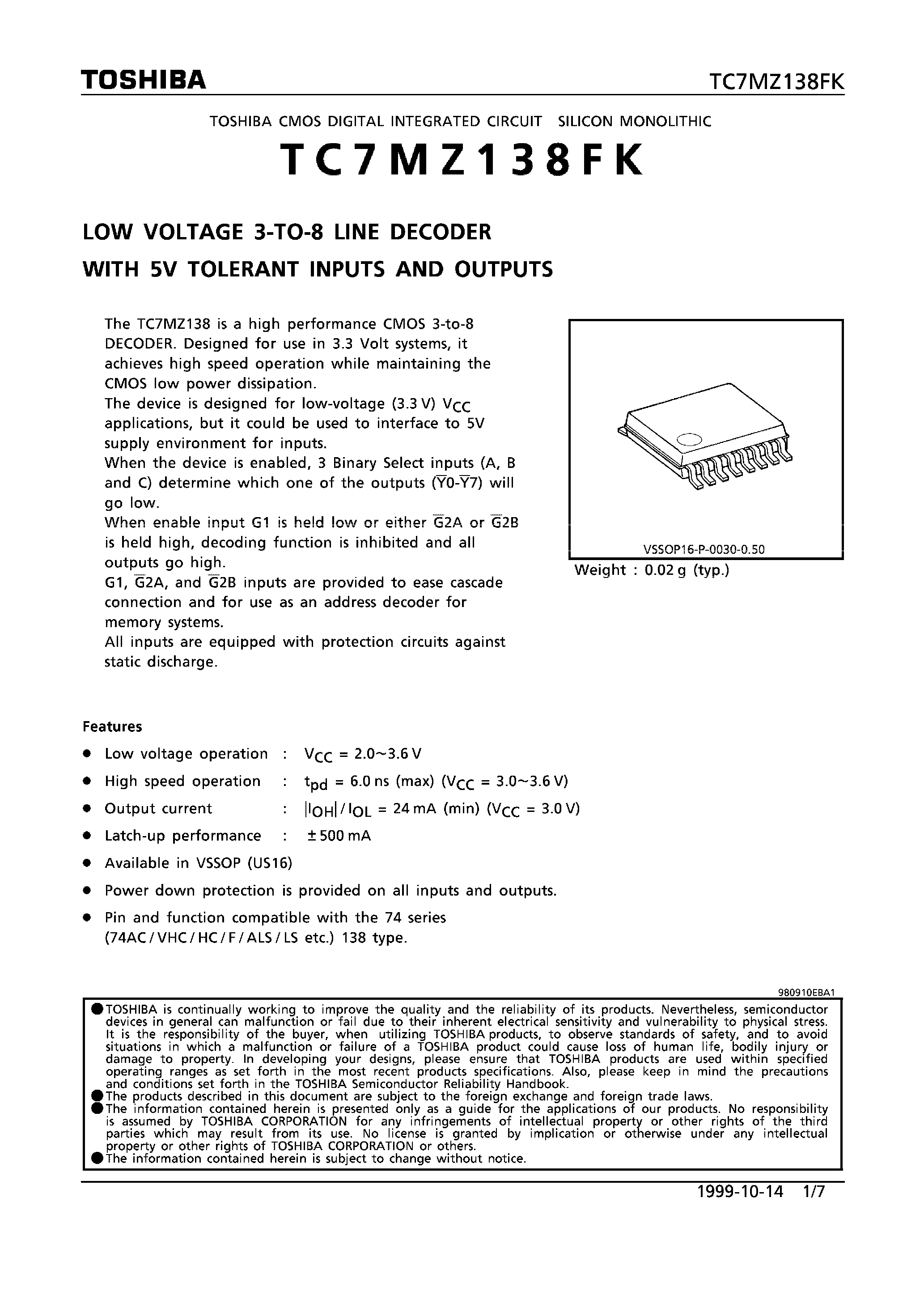 Даташит TC7MZ138FK - LOW-VOLTAGE 3-TO-8 LINE DECODER WITH 5V TOLERANT INPUTS AND OUTPUTS страница 1