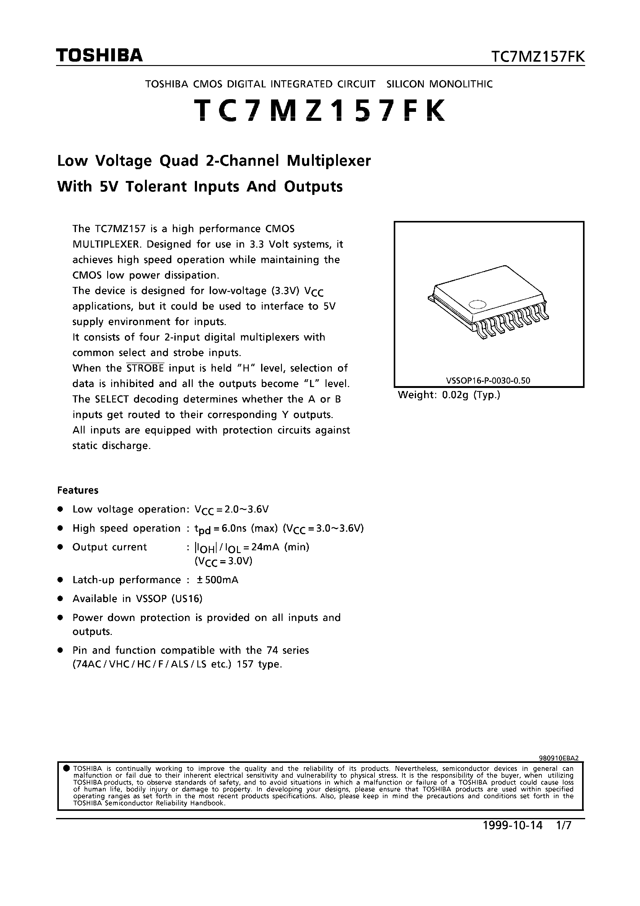 Datasheet TC7MZ157FK - LOW-VOLTAGE QUAD 2-CHANNEL MULTIPLEXER WITH 5V TOLERANT INPUTS AND OUTPUTS page 1