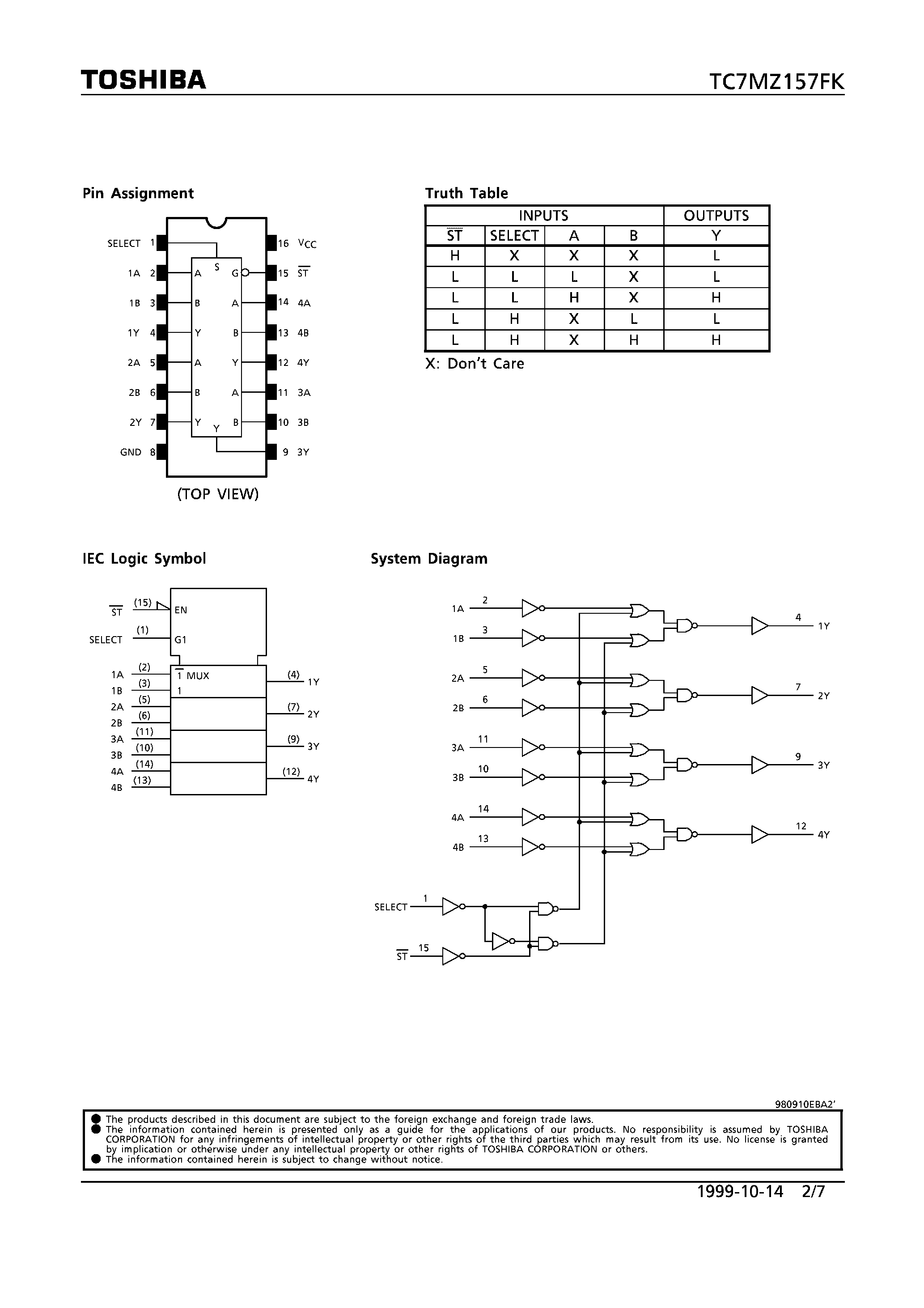 Datasheet TC7MZ157FK - LOW-VOLTAGE QUAD 2-CHANNEL MULTIPLEXER WITH 5V TOLERANT INPUTS AND OUTPUTS page 2