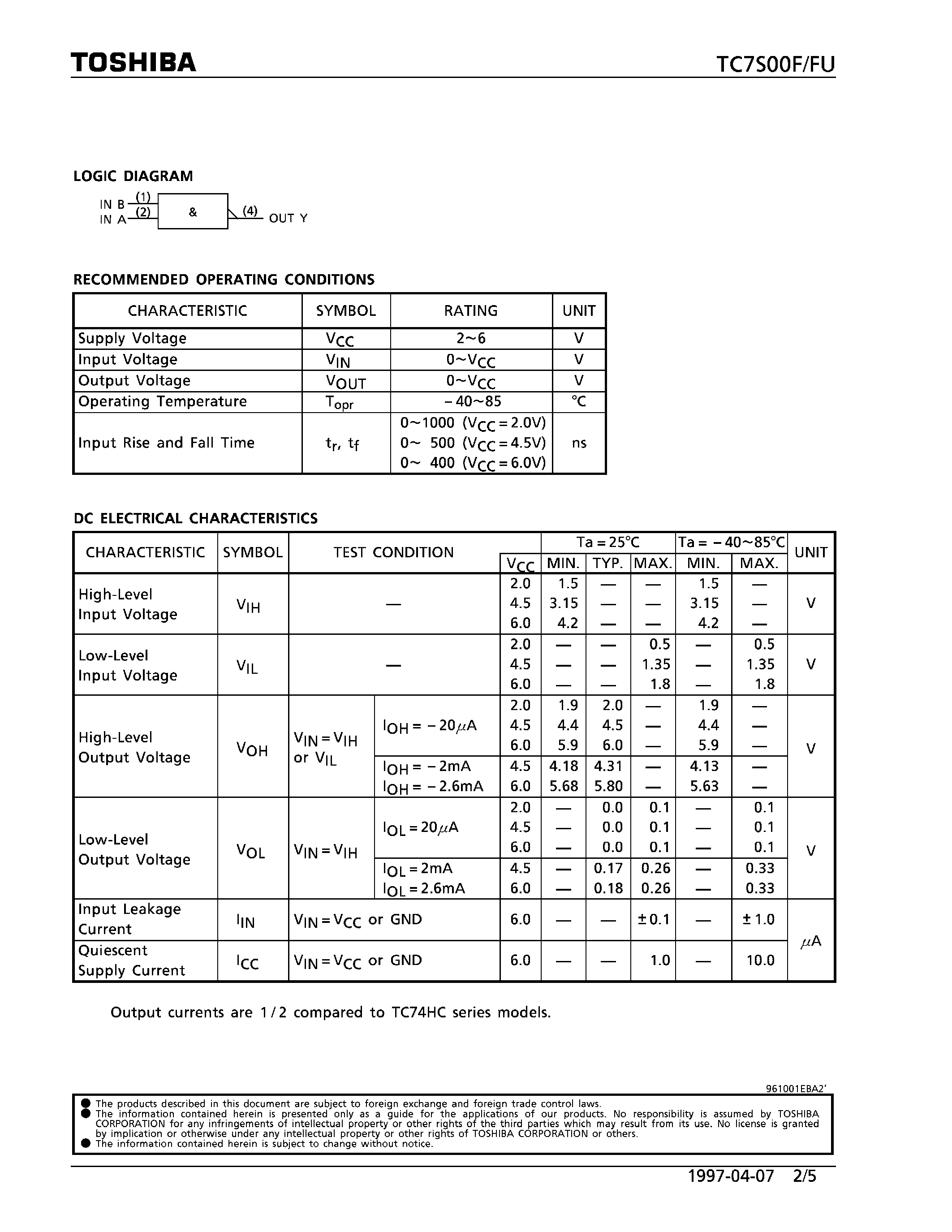 Datasheet TC7S00FU - 2-INPUT NAND GATE page 2