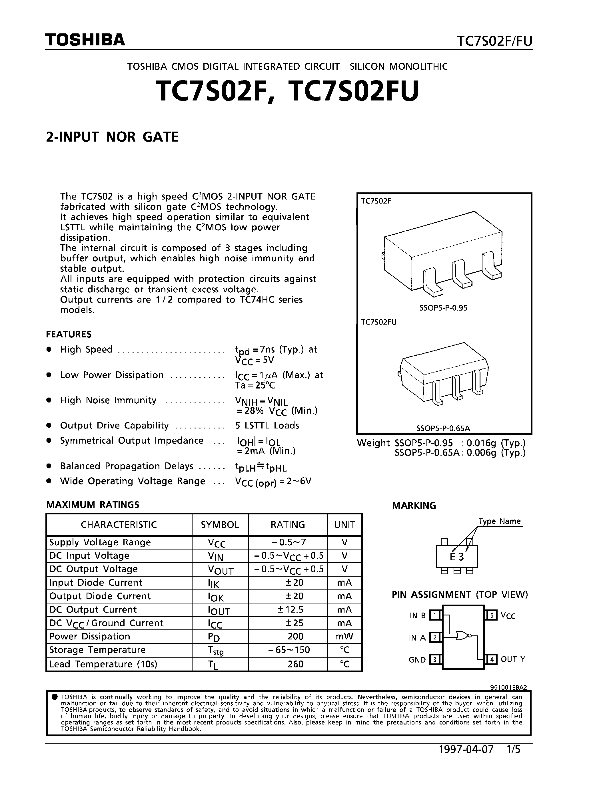 Datasheet TC7S02F - 2-INPUT NOR GATE page 1