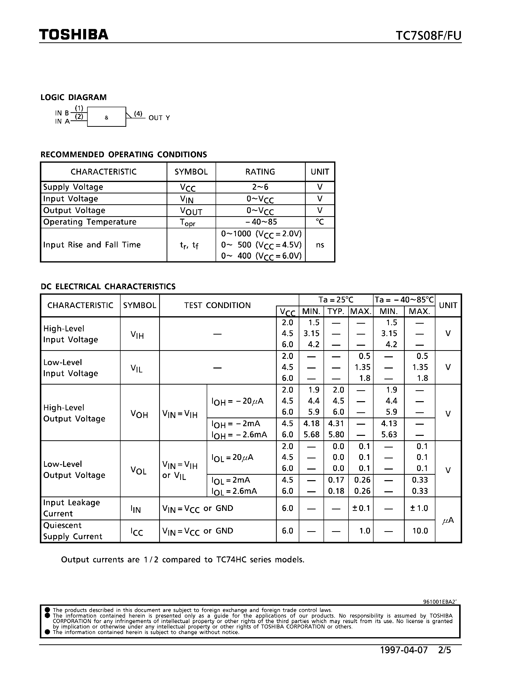 Datasheet TC7S08F page 2 Datasheet TC7S08F - 2-INPUT AND GATE page 2