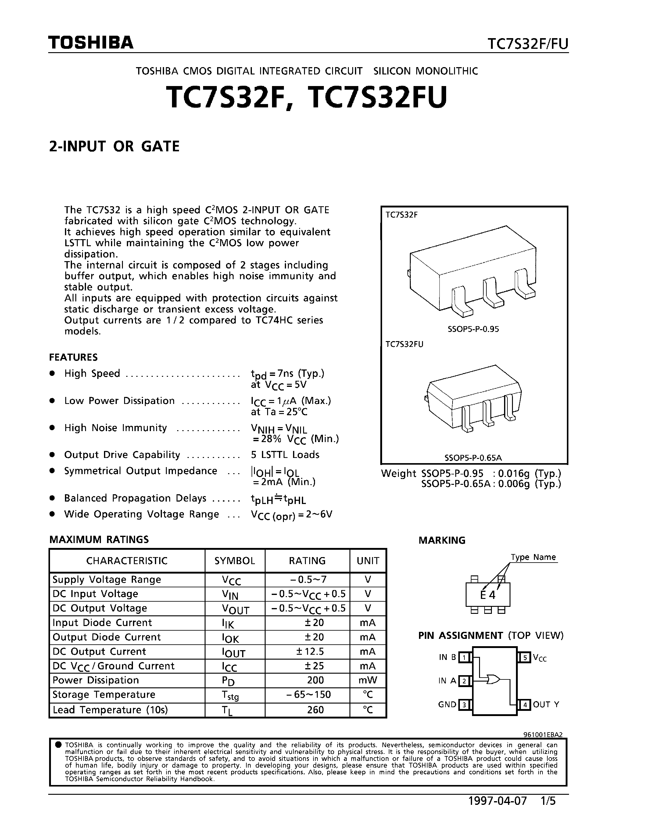Datasheet TC7S32FU - 2-INPUT OR GATE page 1