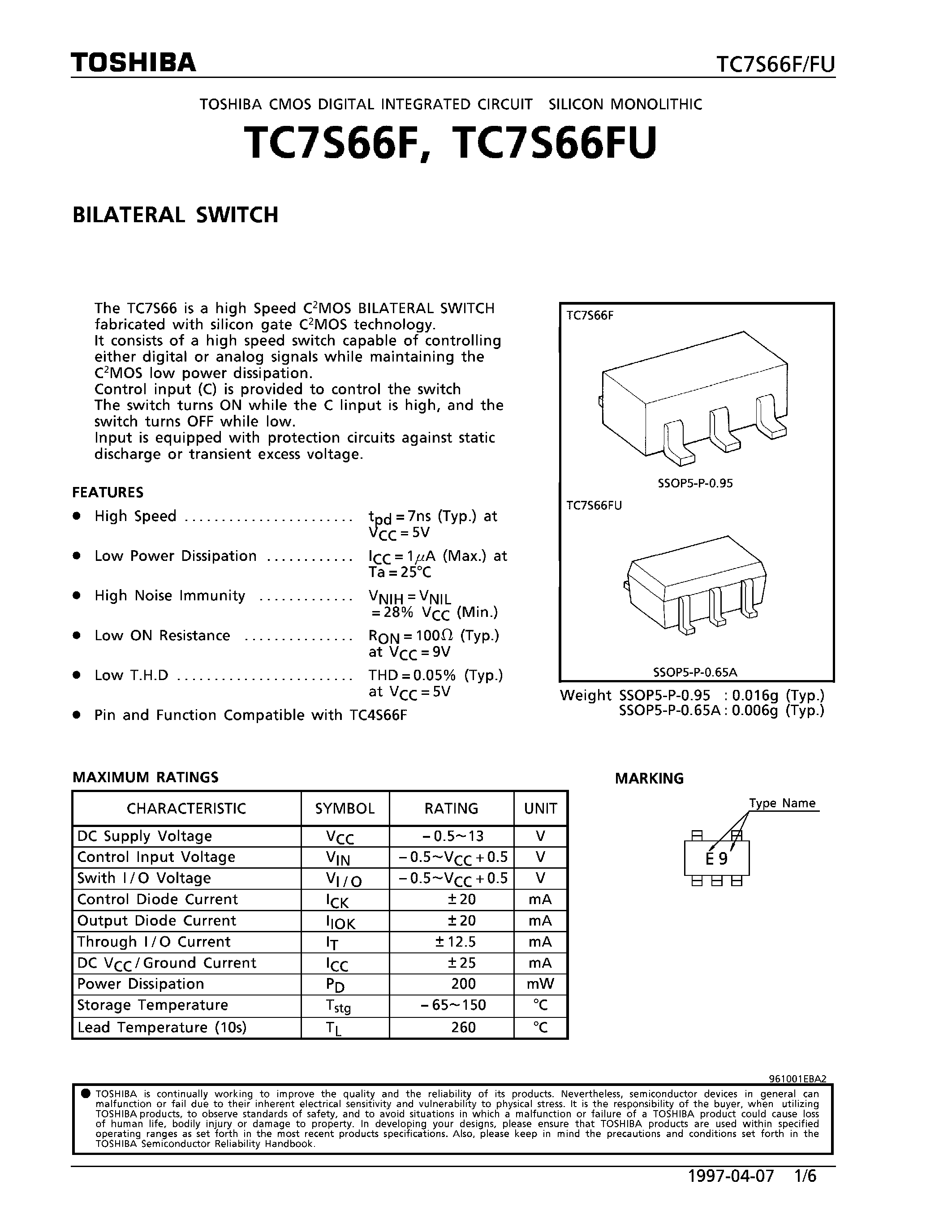 Datasheet TC7S66F page 1 Datasheet TC7S66F - BILATERAL SWITCH page 1