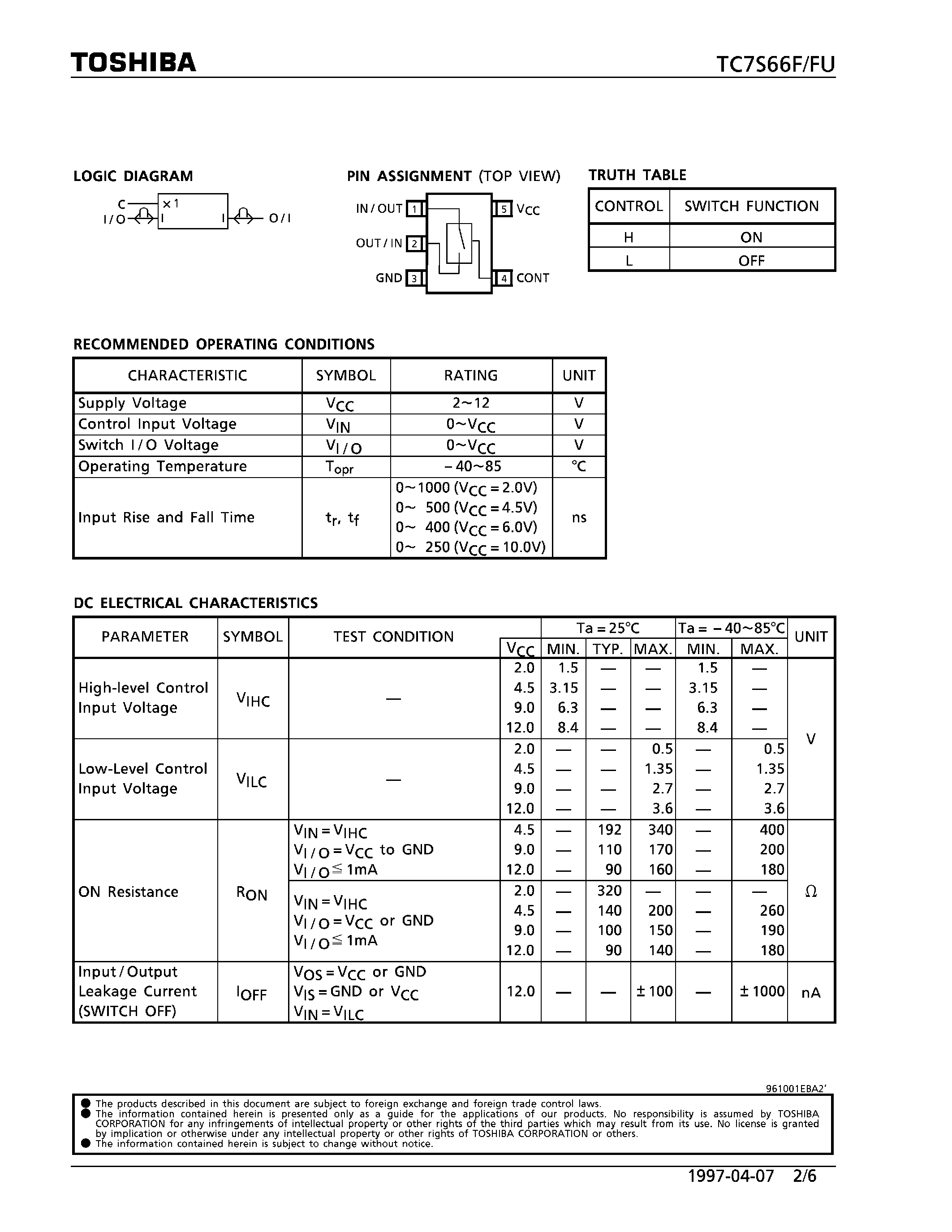 Datasheet TC7S66F page 2 Datasheet TC7S66F - BILATERAL SWITCH page 2