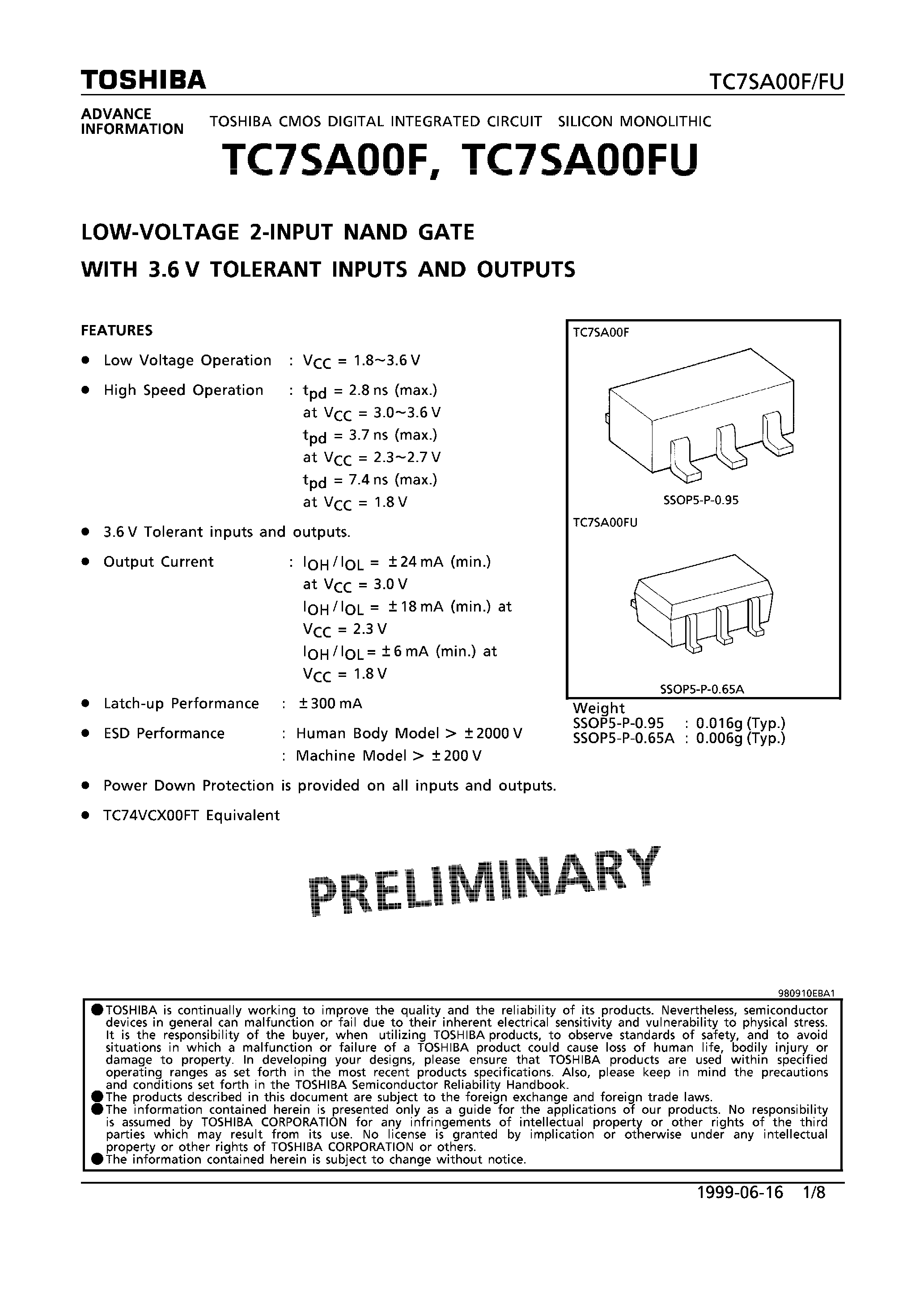 Datasheet TC7SA00F - LOW-VOLTAGE 2-INPUT NAND GATE WITH 3.6V TOLERANT INPUTS AND OUTPUTS page 1