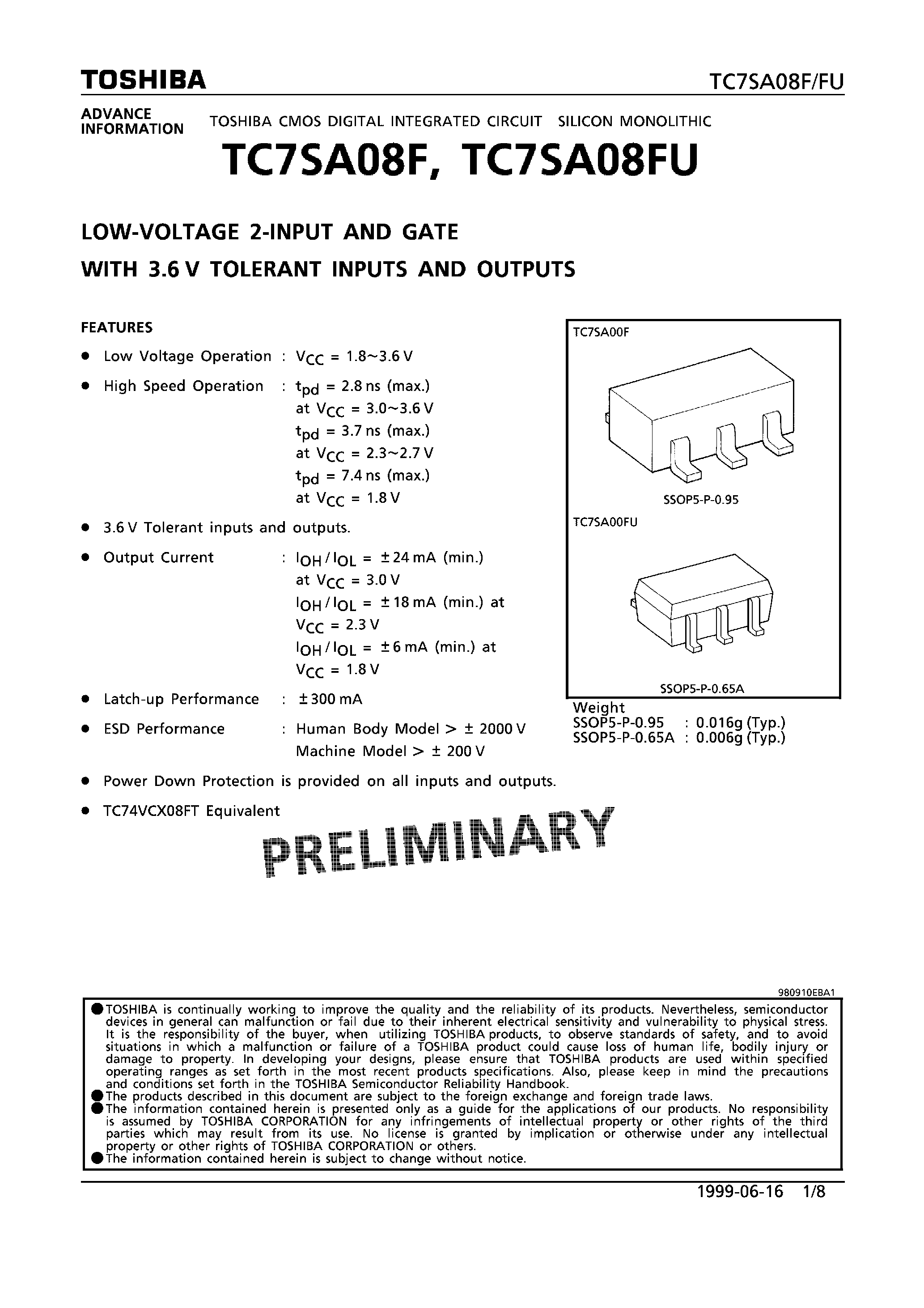 Datasheet TC7SA08FU - LOW-VOLTAGE OCTAL 2-INPUT AND GATE WITH 3.6V TOLERANT INPUTS AND OUTPUTS page 1
