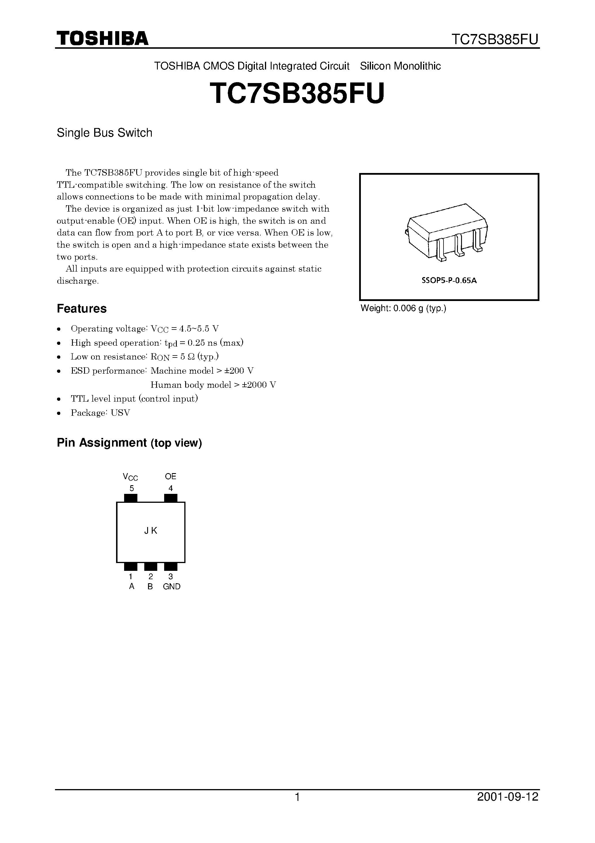 Datasheet TC7SB385FU page 1 Datasheet TC7SB385FU - Single Bus Switch page 1