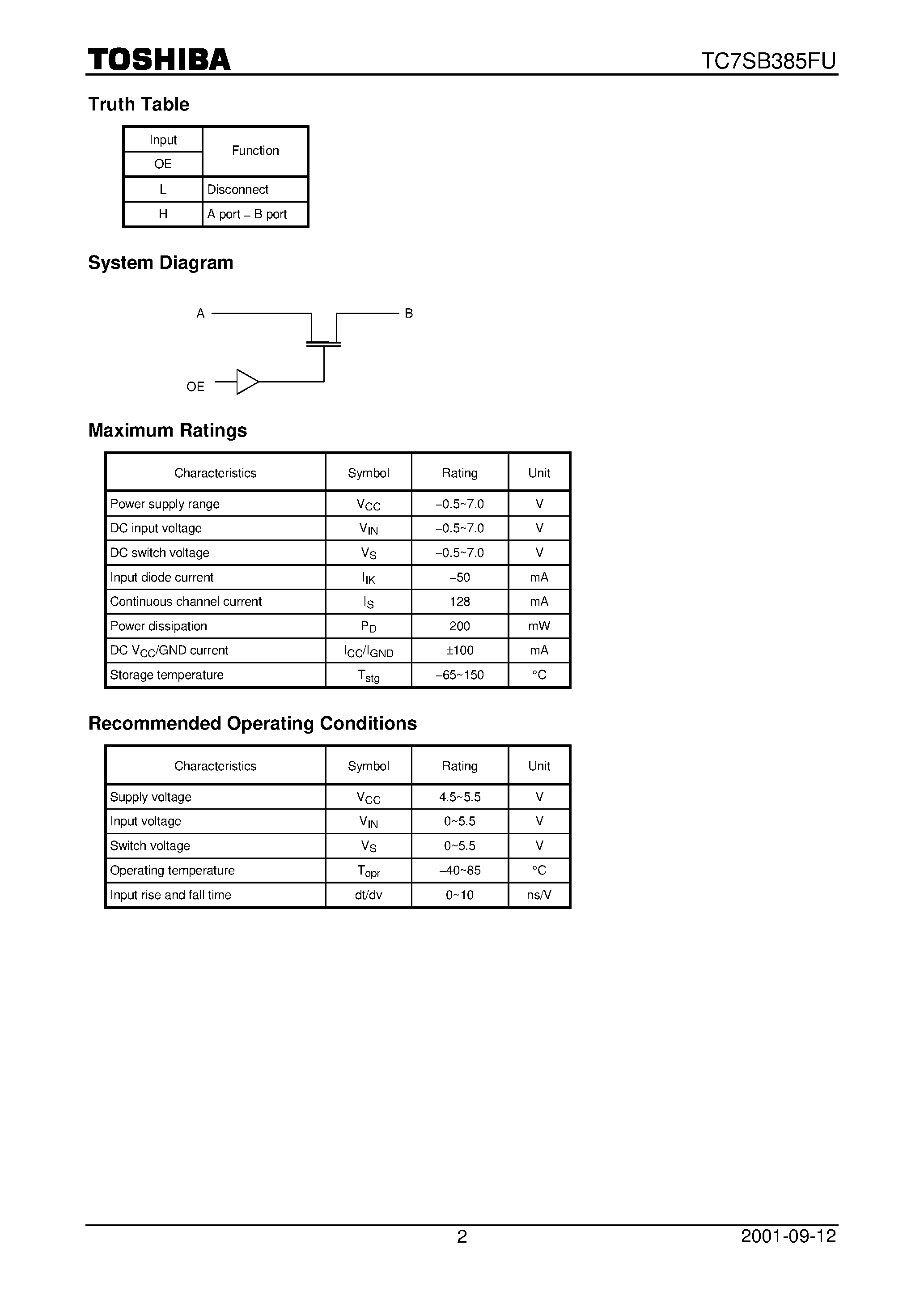 Datasheet TC7SB385FU page 2 Datasheet TC7SB385FU - Single Bus Switch page 2
