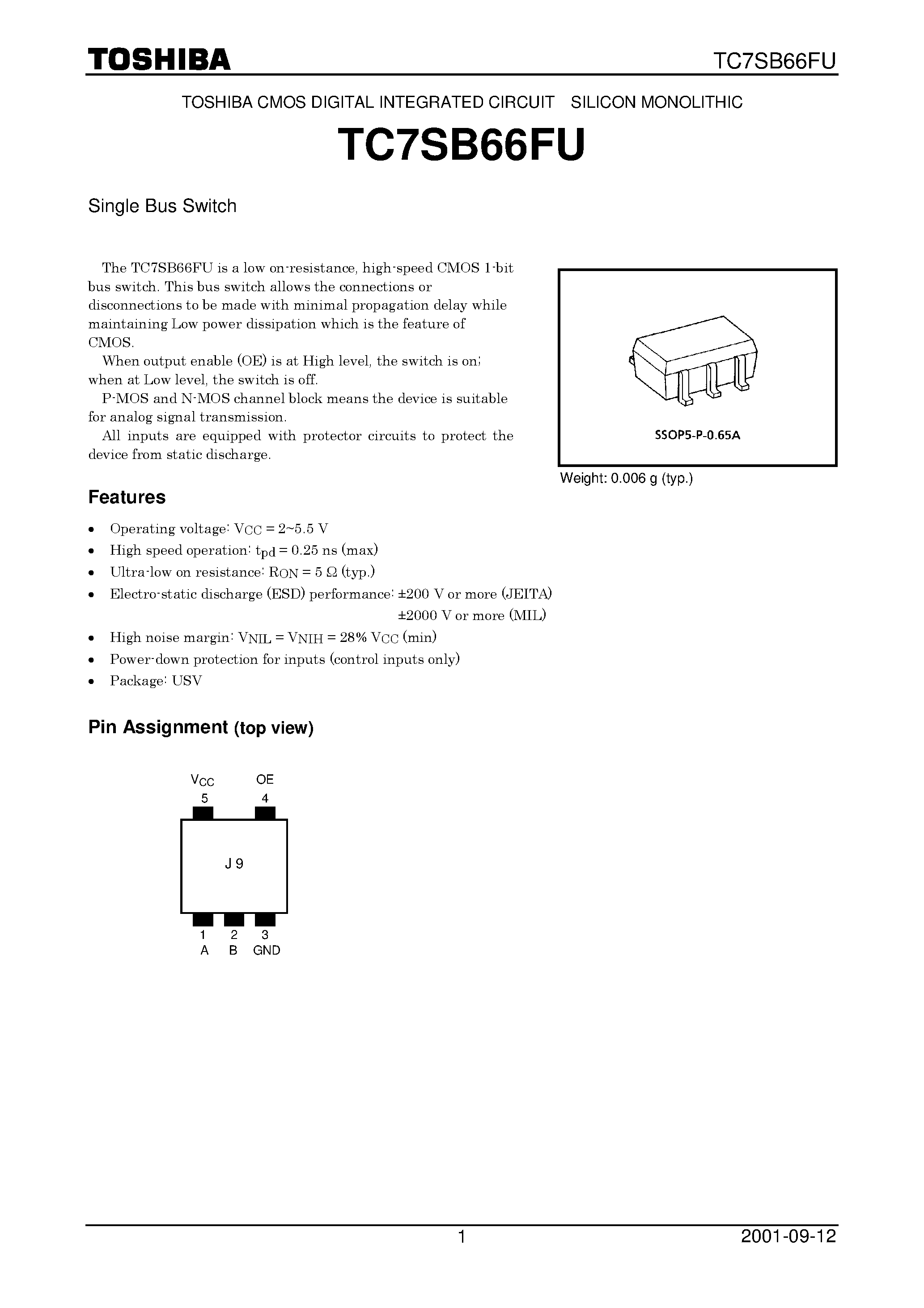 Datasheet TC7SB66FU page 1 Datasheet TC7SB66FU - Single Bus Switch page 1