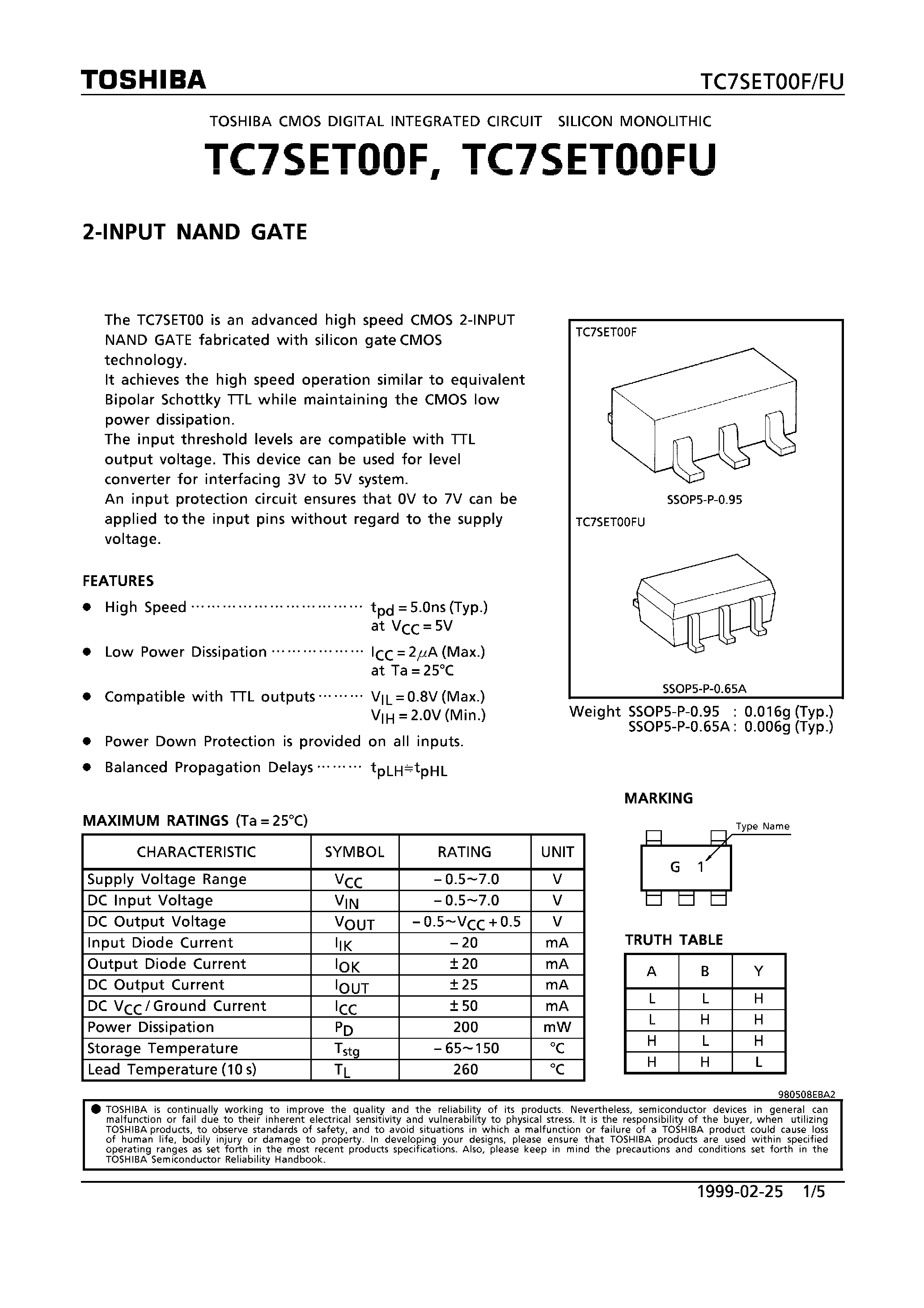 Datasheet TC7SET00FU - 2-INPUT NAND GATE page 1