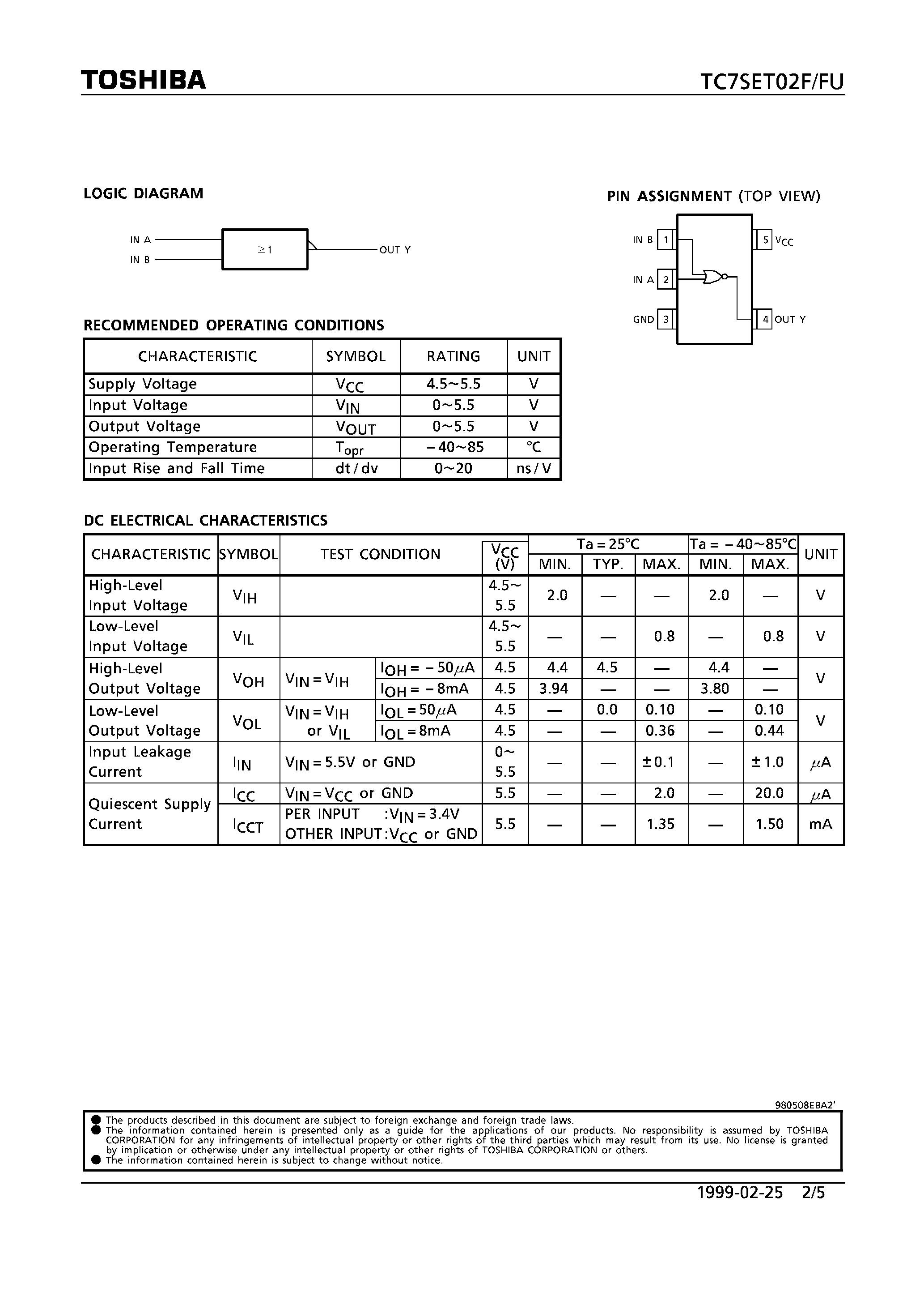 Datasheet TC7SET02F - 2-INPUT NOR GATE page 2