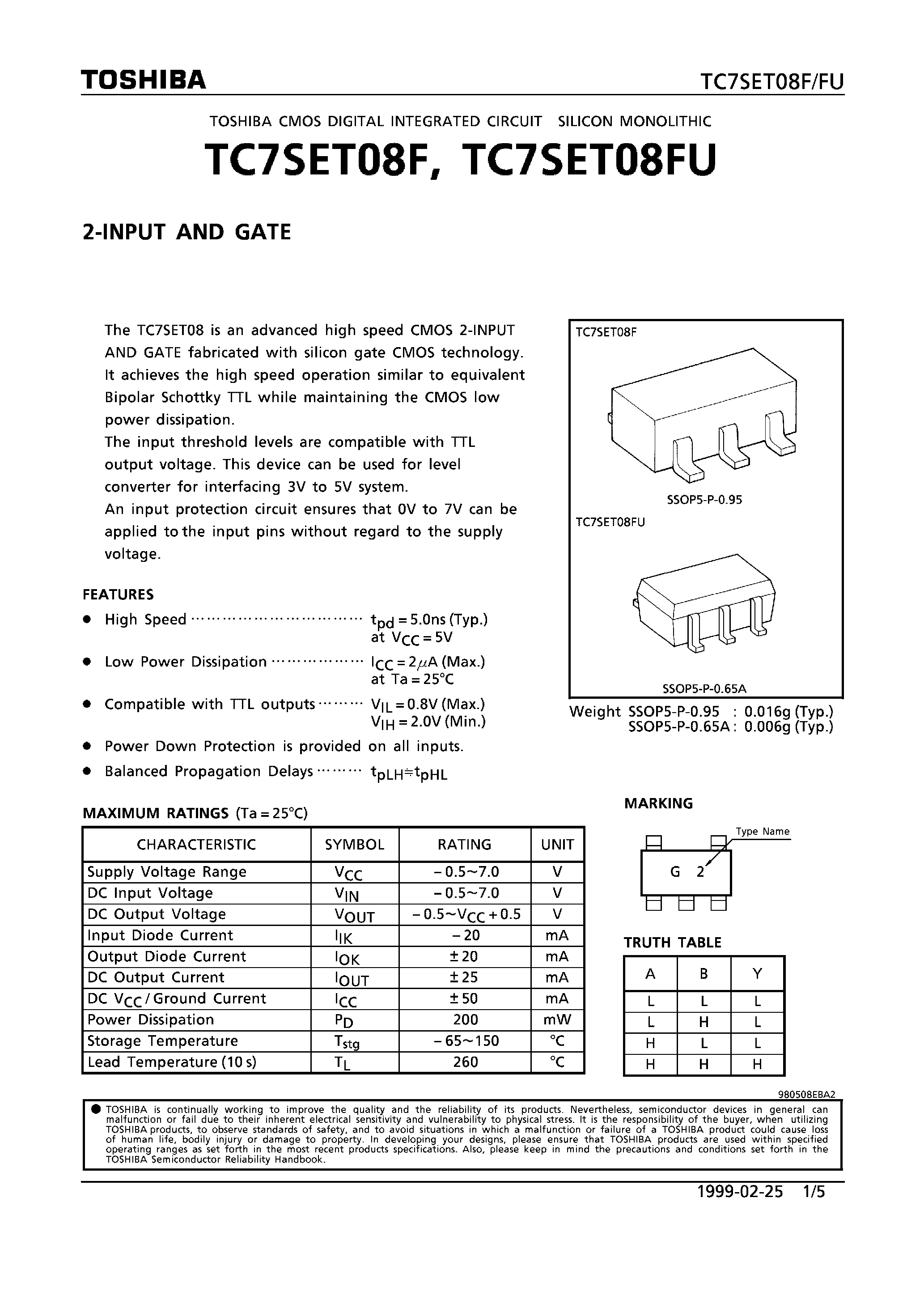 Datasheet TC7SET08FU - 2-INPUT AND GATE page 1