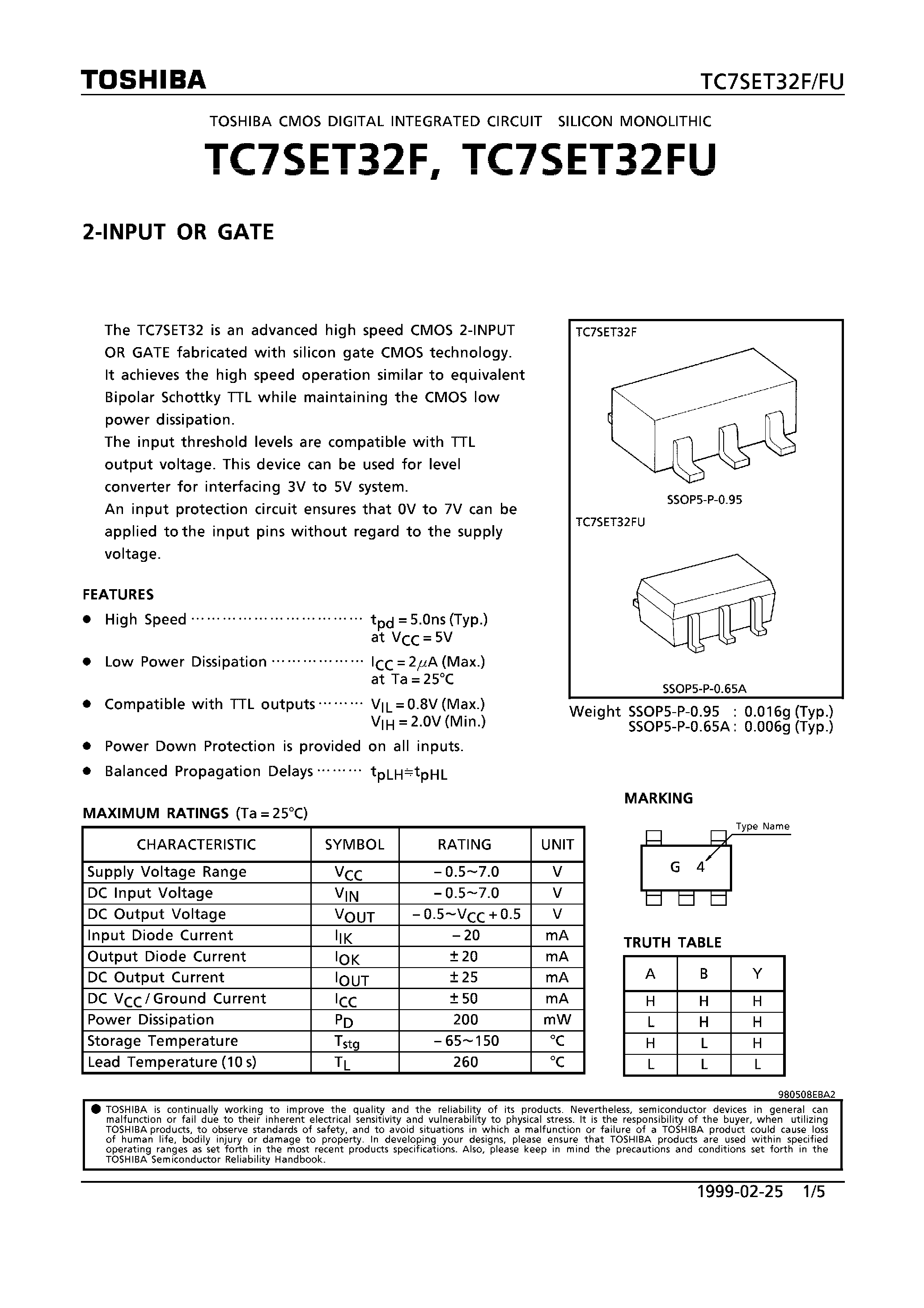 Datasheet TC7SET32FU - 2-INPUT OR GATE page 1